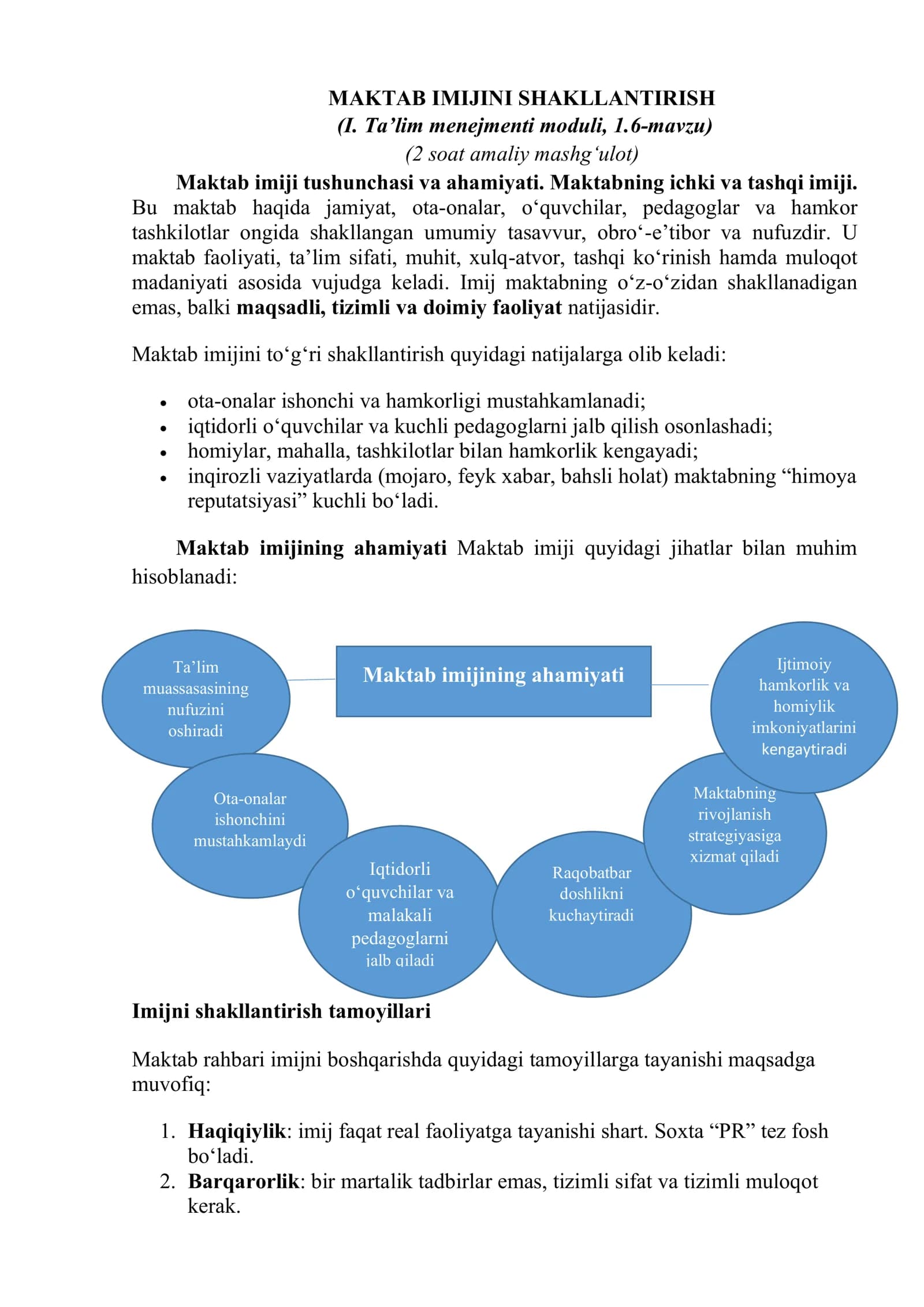 Menejerlik o'uv kursi tinglovchilari uchun  MAKTAB IMIJINI SHAKLLANTIRISH (I. Ta’lim menejmenti moduli, 1.6-mavzu)