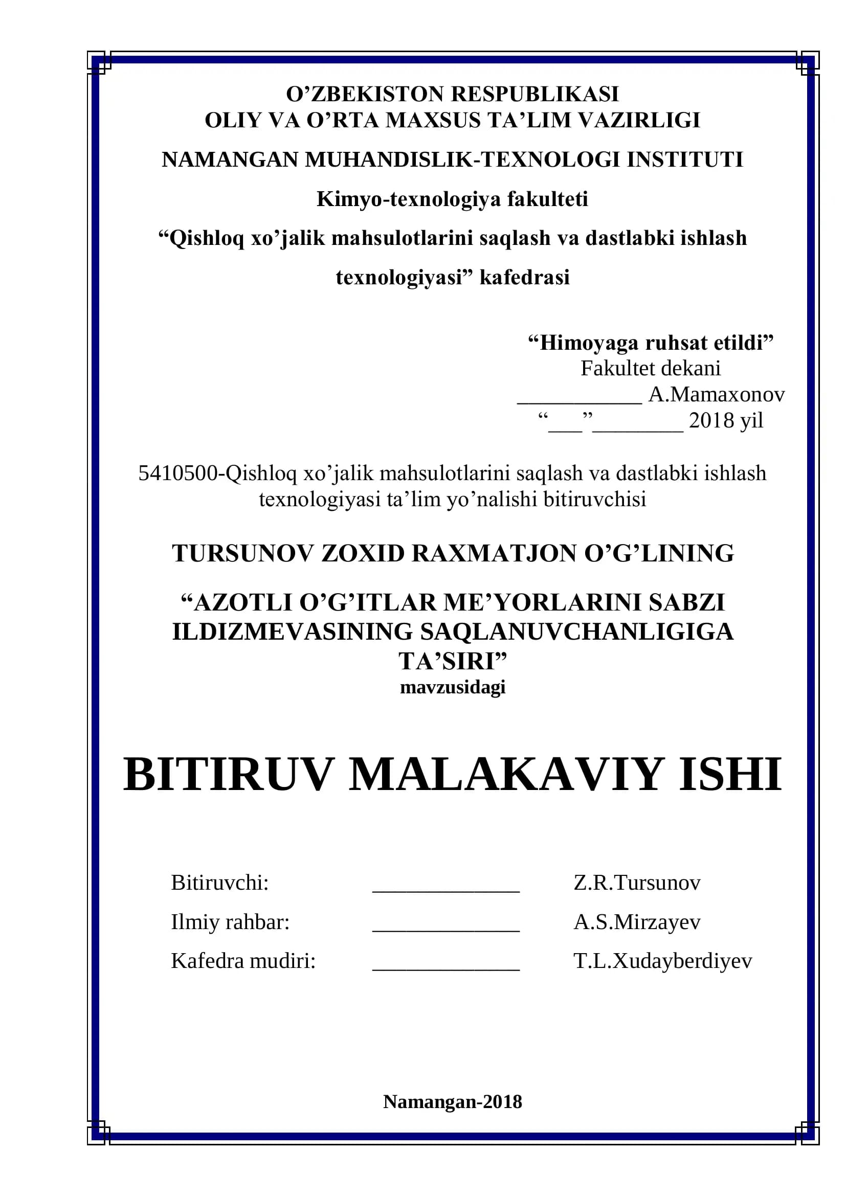 Qishloq xo'jalik mahsulotlarini saqlash va dastlabki ishlash texnologiyasi ta'lim yo'nalishi bitiruvchisi