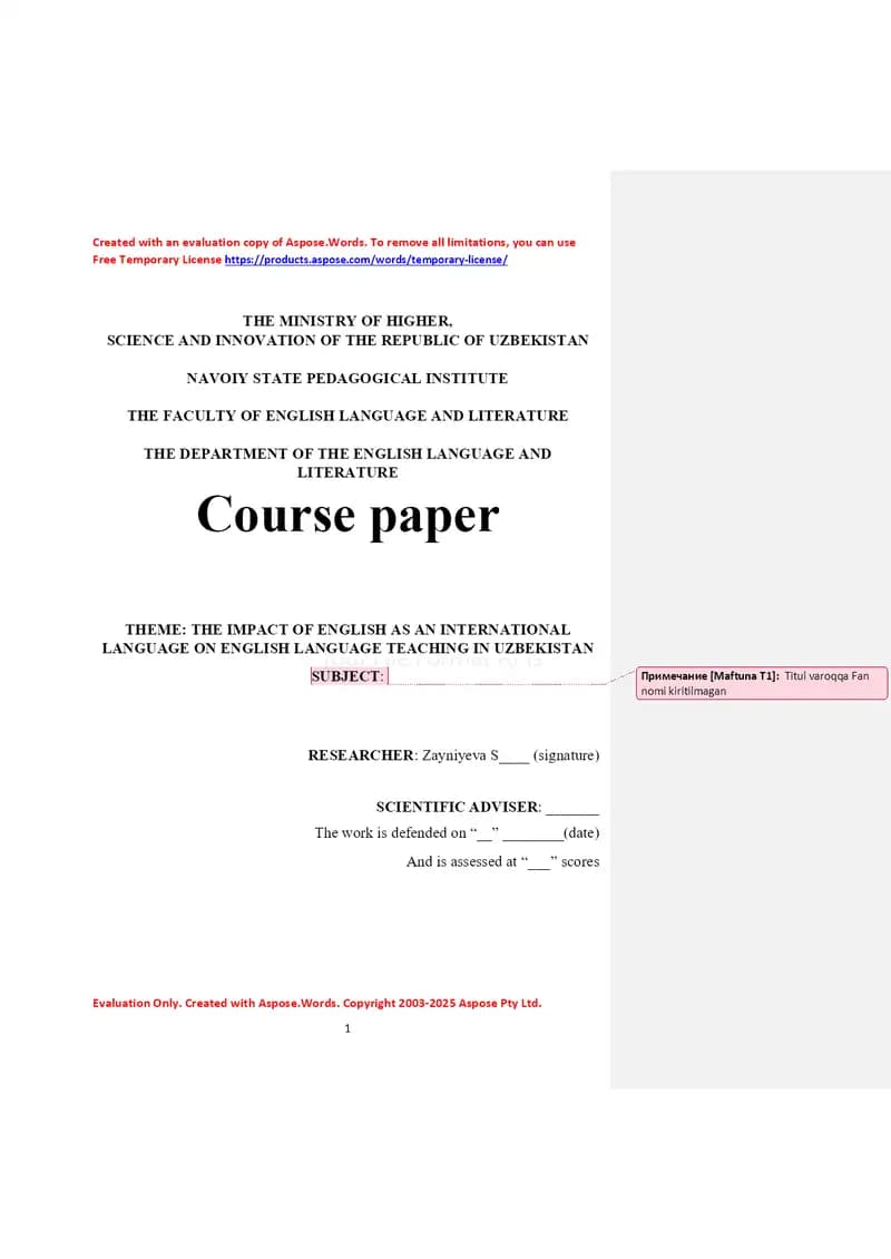 The Impact of English as an International Language on English Language Teaching in Uzbekistan