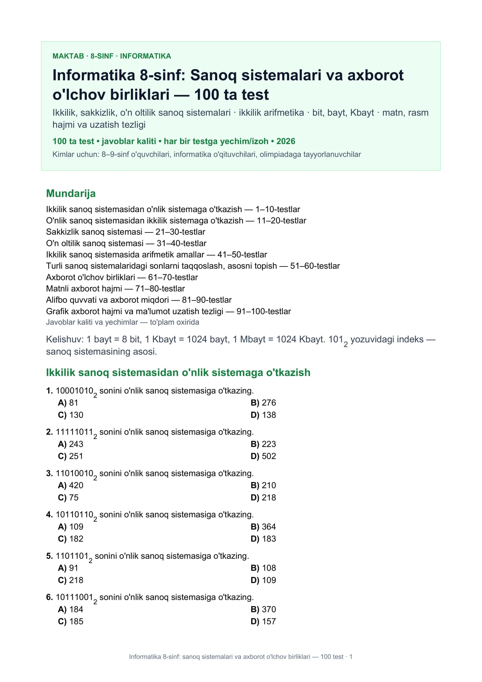 Informatika 8-sinf: sanoq sistemalari va axborot o'lchov birliklari — 100 test