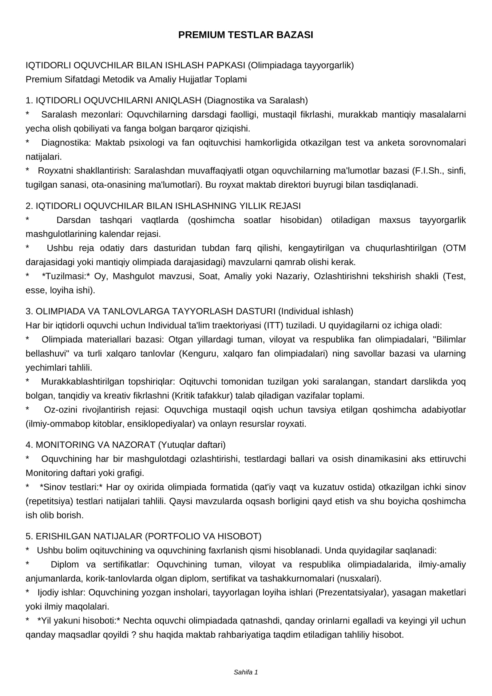 IQTIDORLI OQUVCHILAR BILAN ISHLASH PAPKASI