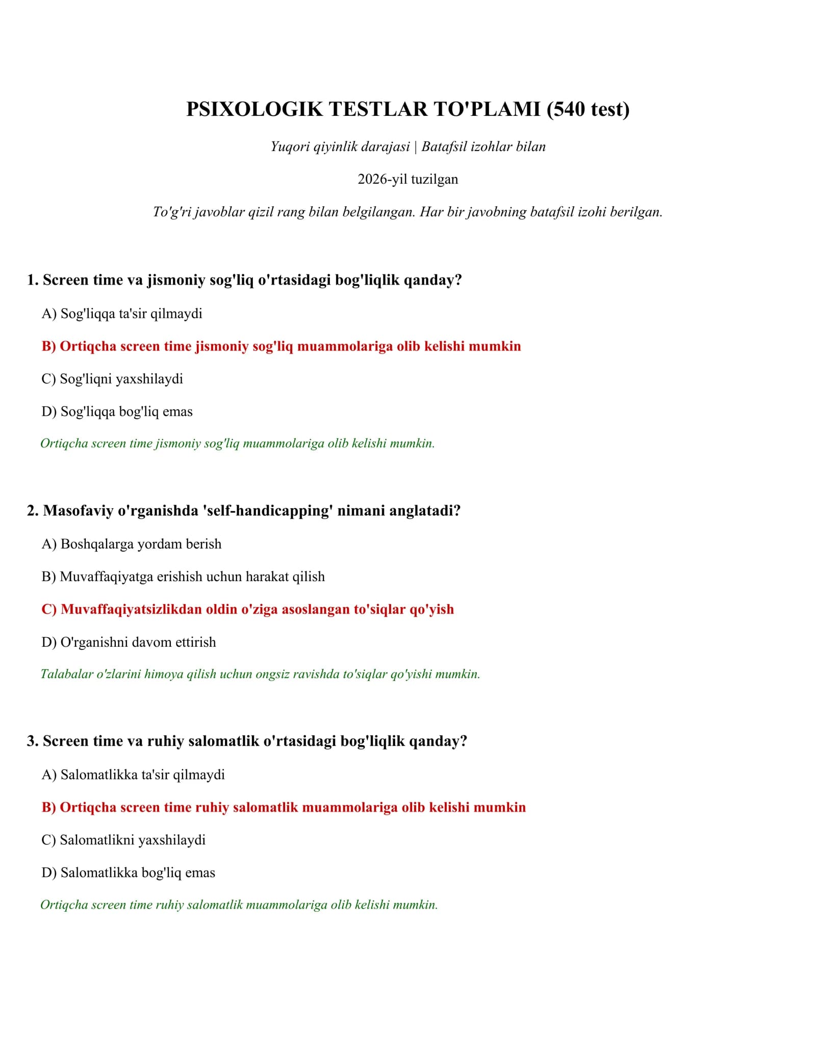PSIXOLOGIK TESTLAR TO'PLAMI (540 test)