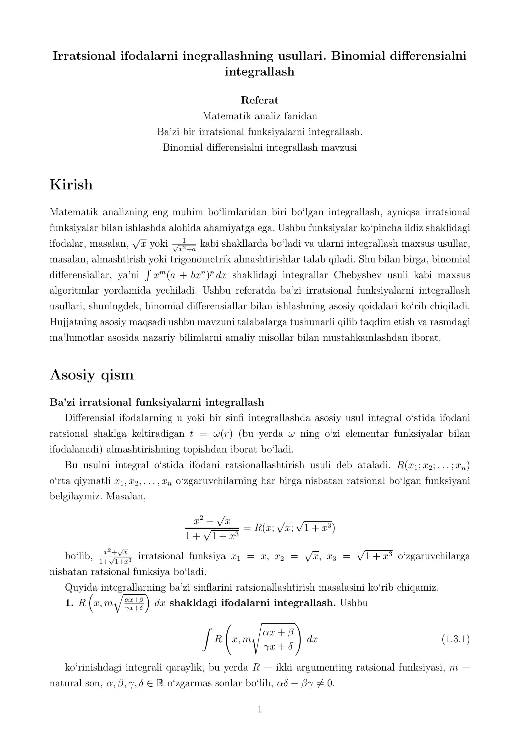 Irratsional ifodalarni inegrallashning usullari. Binomial differensialni integrallash