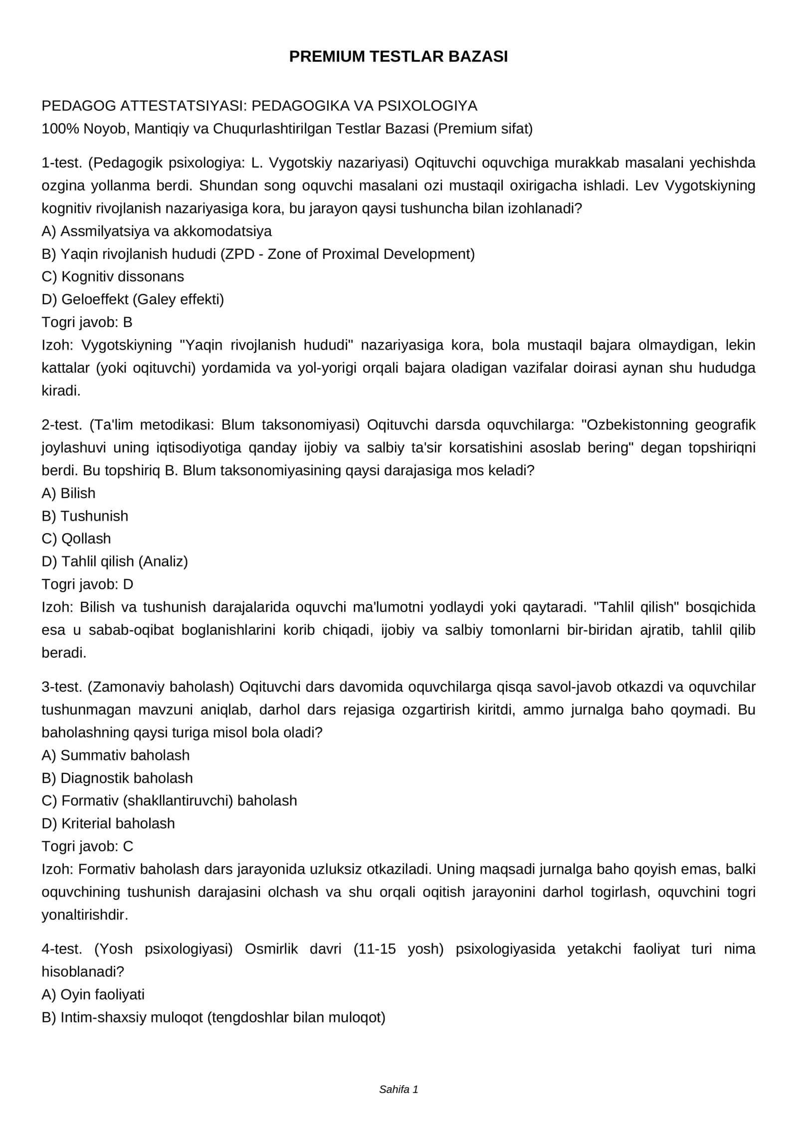 PREMIUM TESTLAR BAZASI