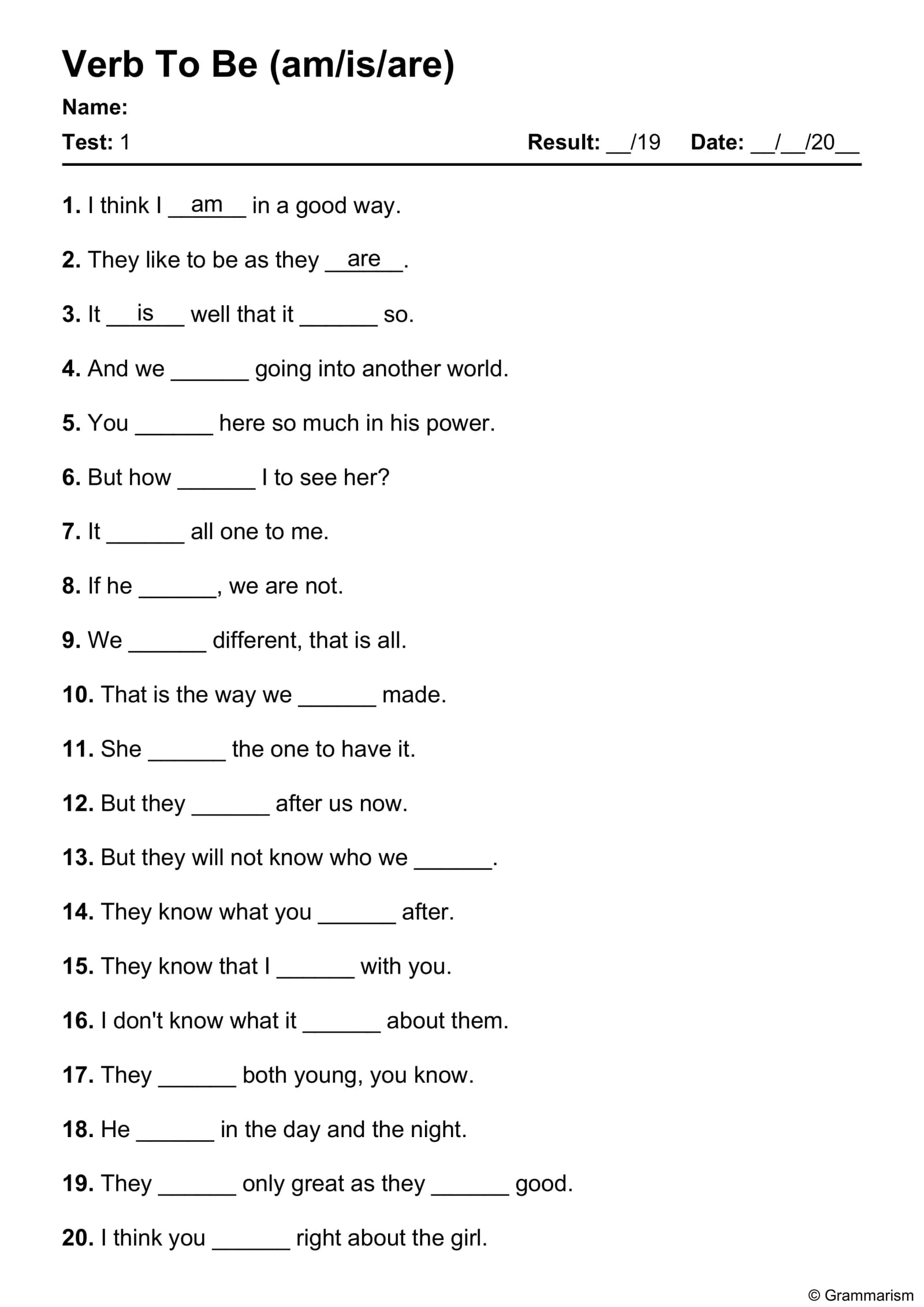 To Be (am/is/are) worksheet
