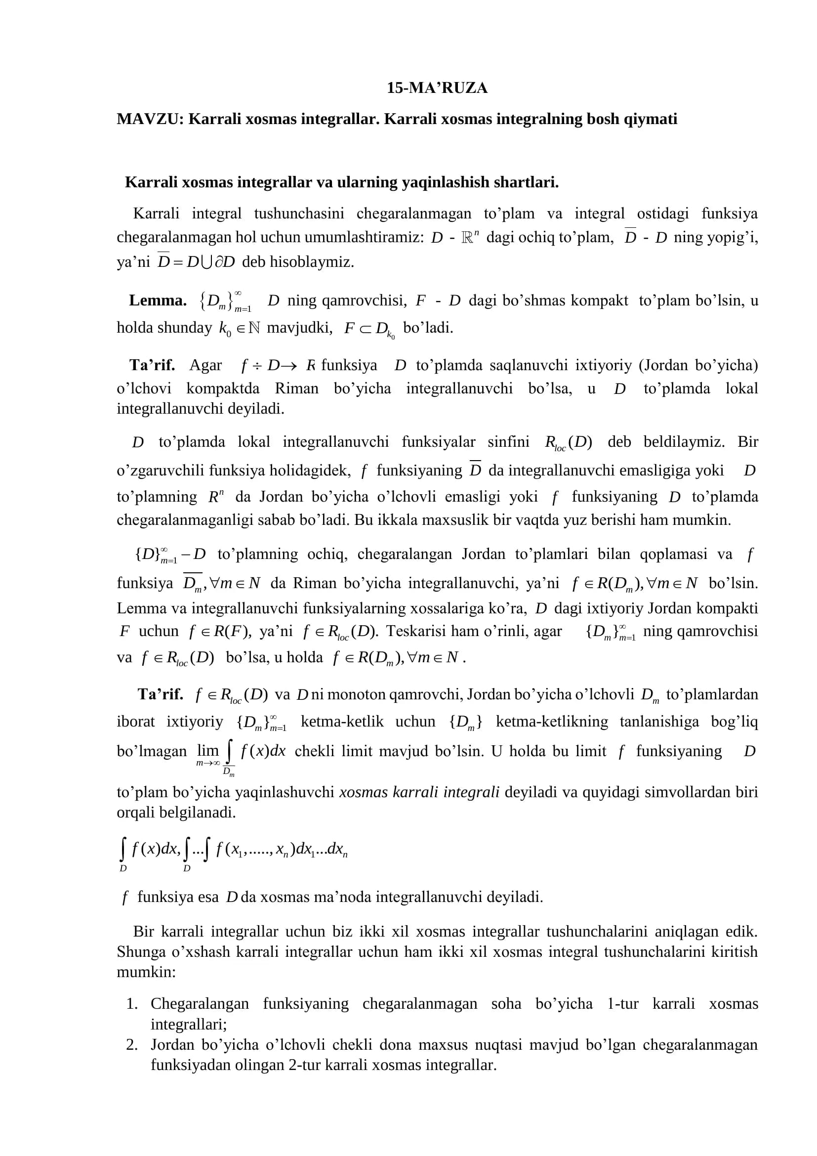 Karrali xosmas integrallar