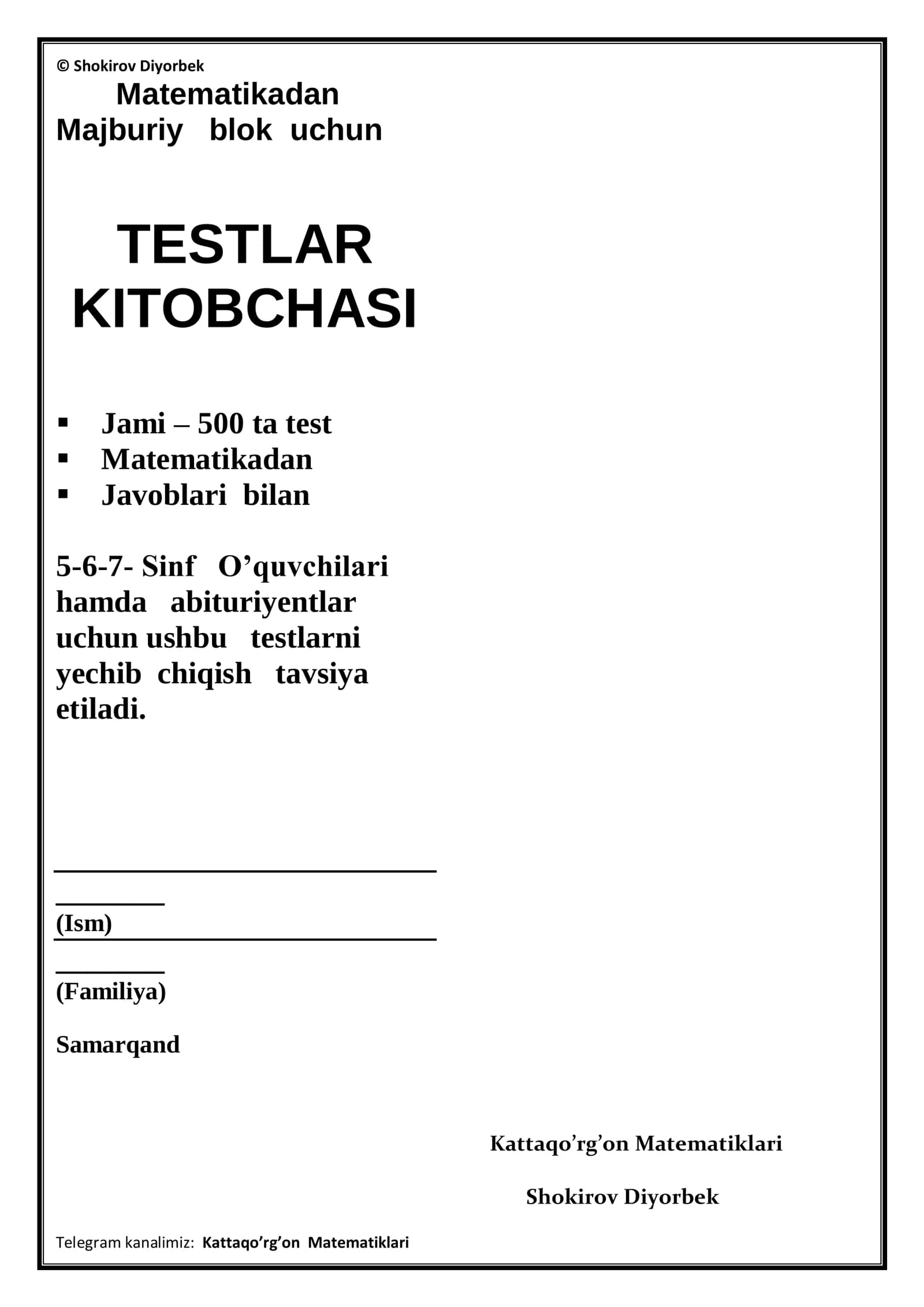 Majburiy blok uchun TESTLAR KITOBCHASI