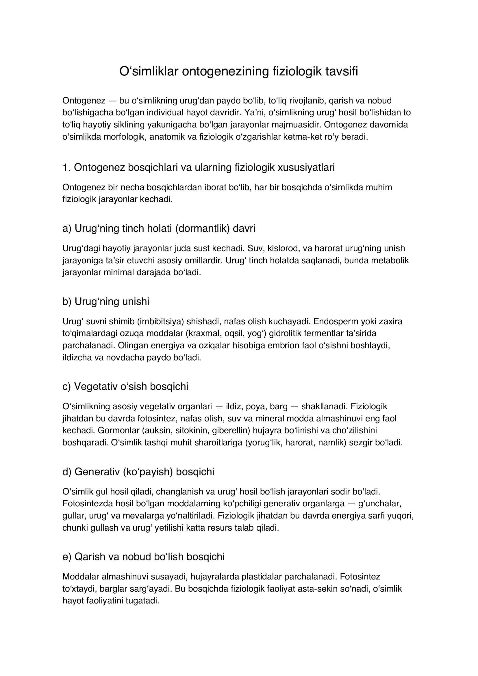 O‘simliklar ontogenezining fiziologik tavsifi