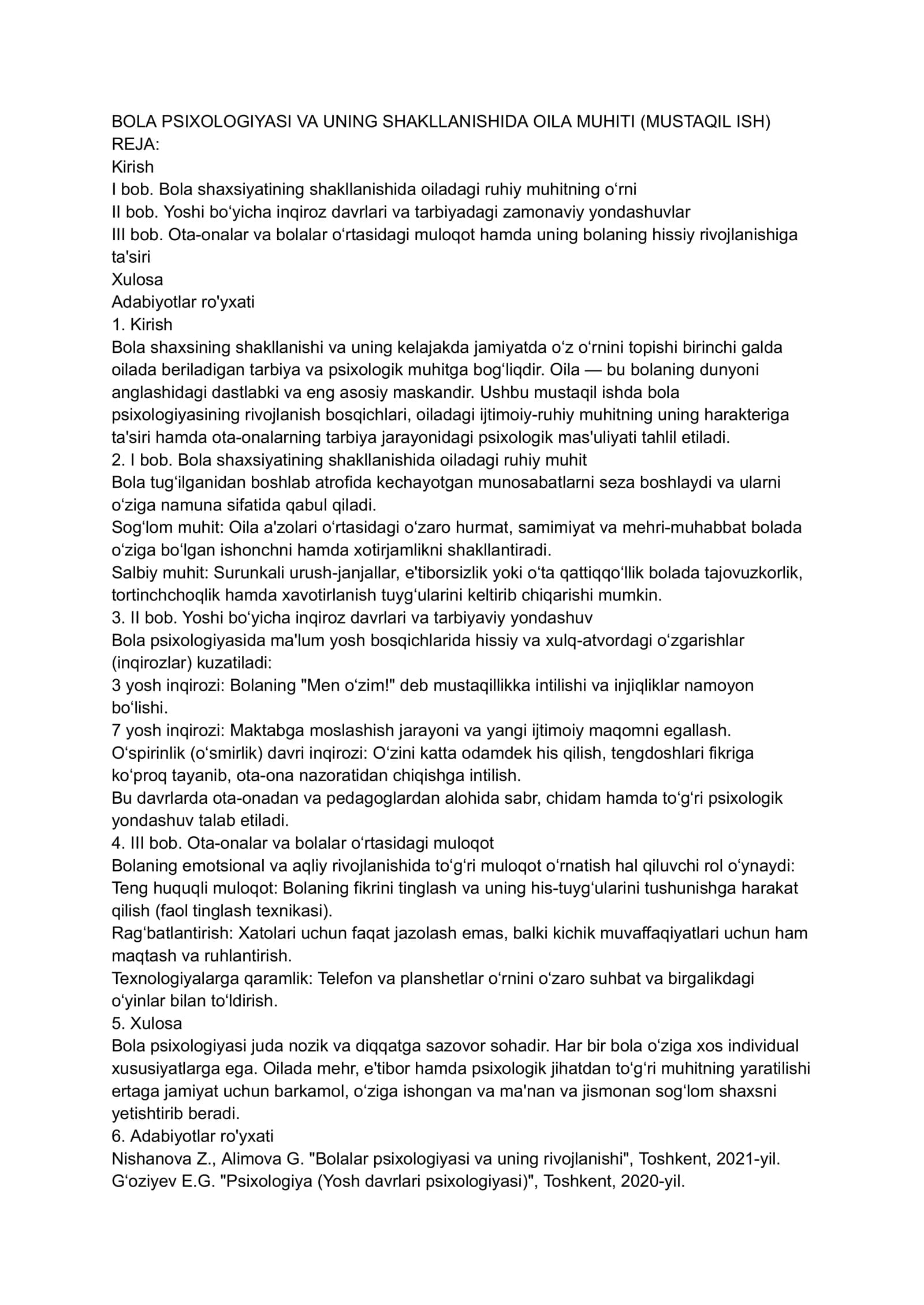 BOLA PSIXOLOGIYASI VA UNING SHAKLLANISHIDA OILA MUHITI (MUSTAQIL ISH)