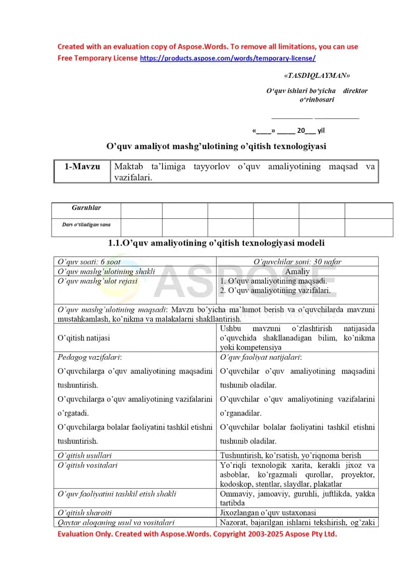 O’quv amaliyot mashg‘ulotining o‘qitish texnologiyasi