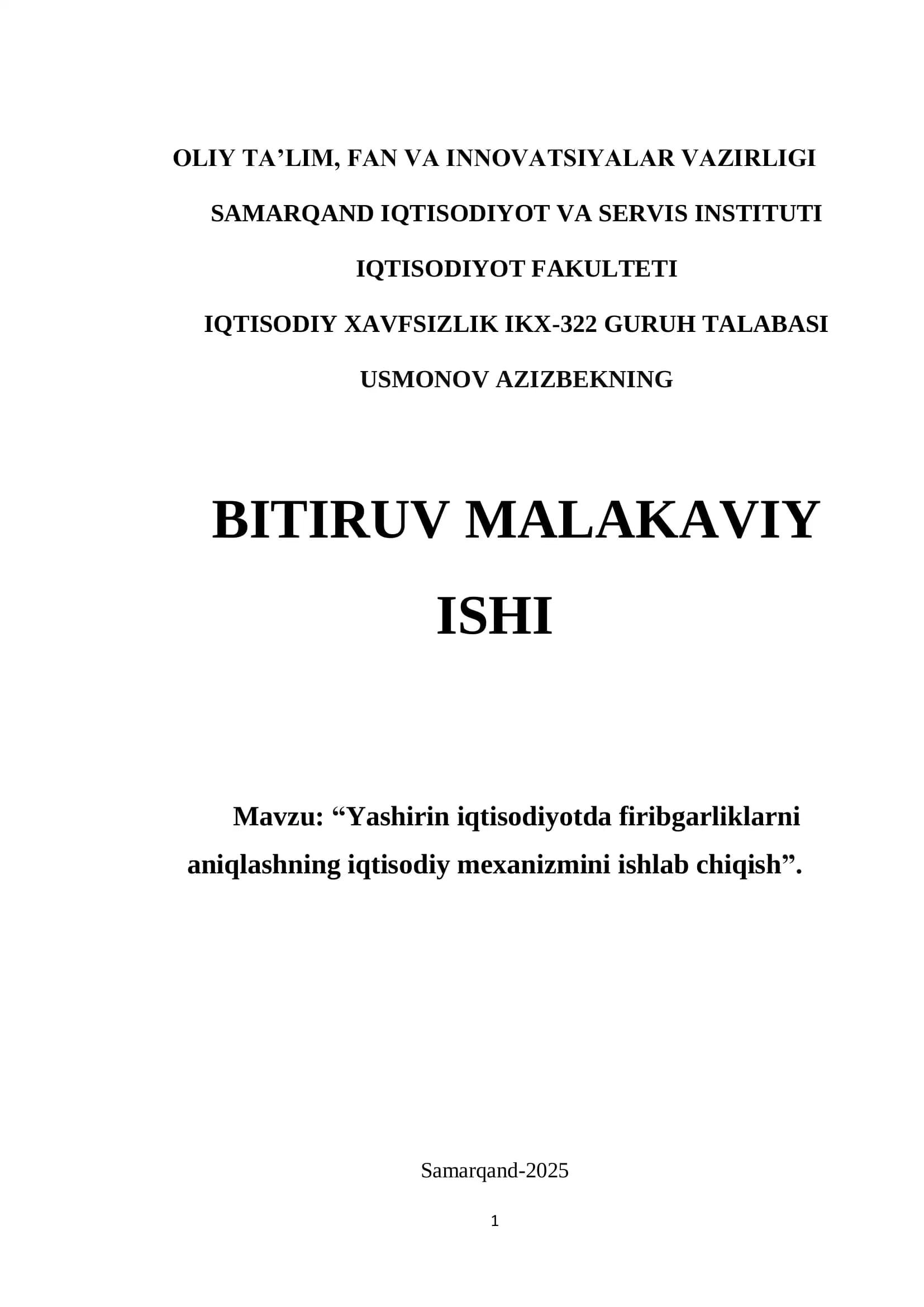 IQTISODIY XAVFSIZLIK IKX-322 GURUH TALABASI