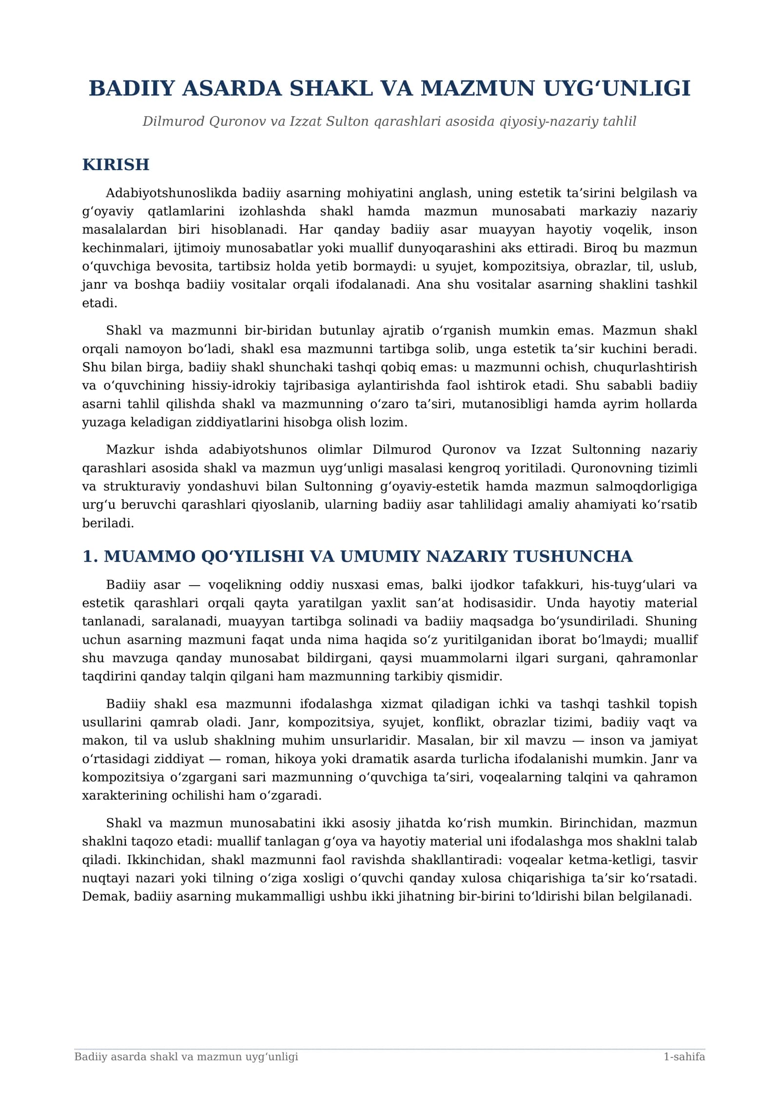 BADIIY ASARDA SHAKL VA MAZMUN UYG‘UNLIGI