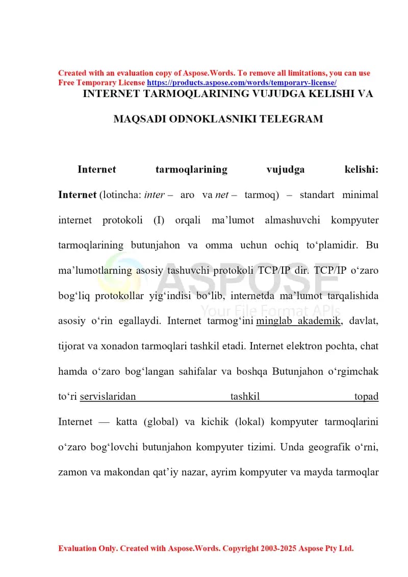 Internet tarmoqlarining vujudga kelishi va maqsadi (Odnoklasniki, Telegram)