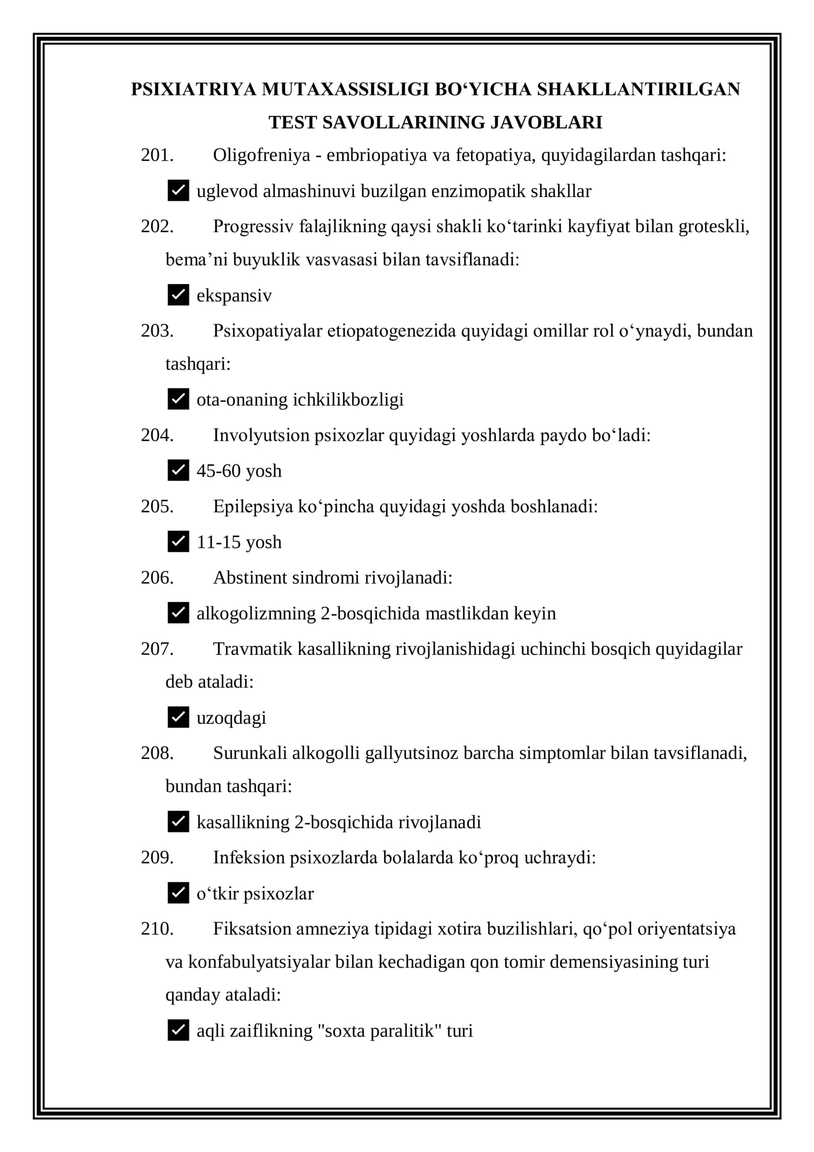 Psixiatriya Mutaxassisligi boʻyicha Shakllantirilgan Test Savollaring Javoblari