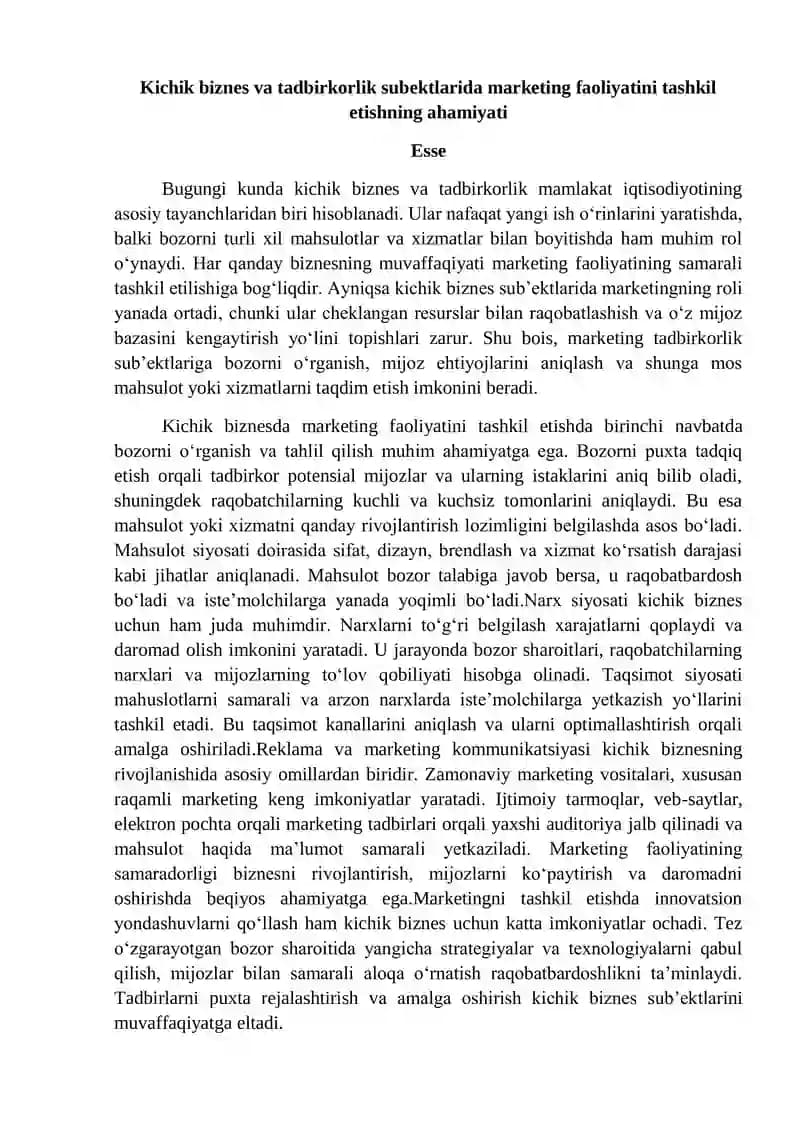 Esse. Kichik biznes va tadbirkorlik subʼektlarida marketing faoliyatini tashkil etish.