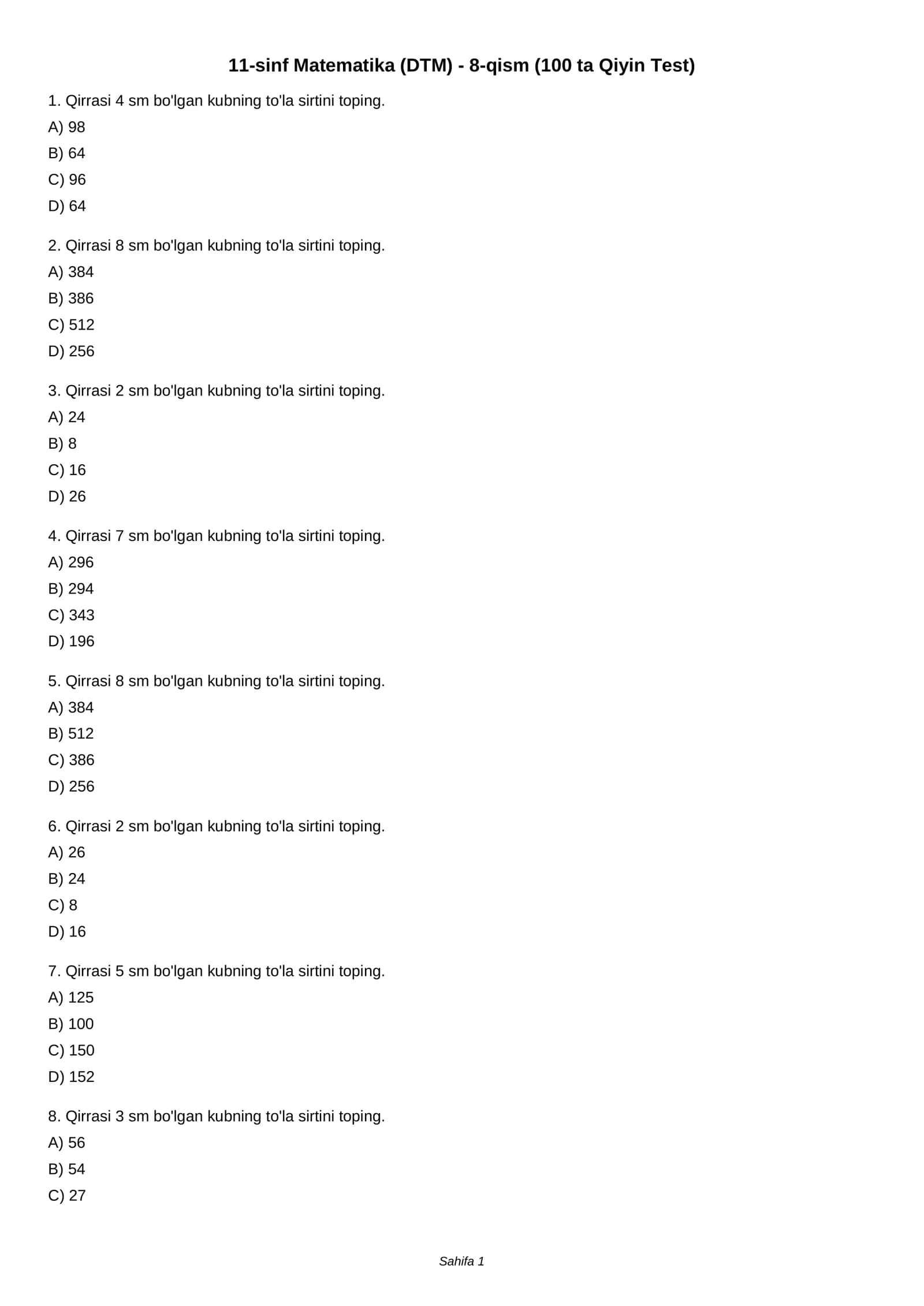 11-sinf Matematika (DTM) - 8-qism (100 ta Qiyin Test)