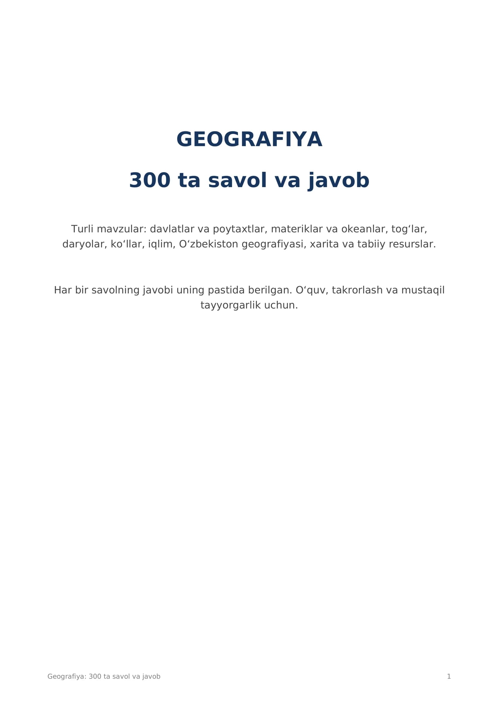 Geografiya fanidan 300 ta savol va javob