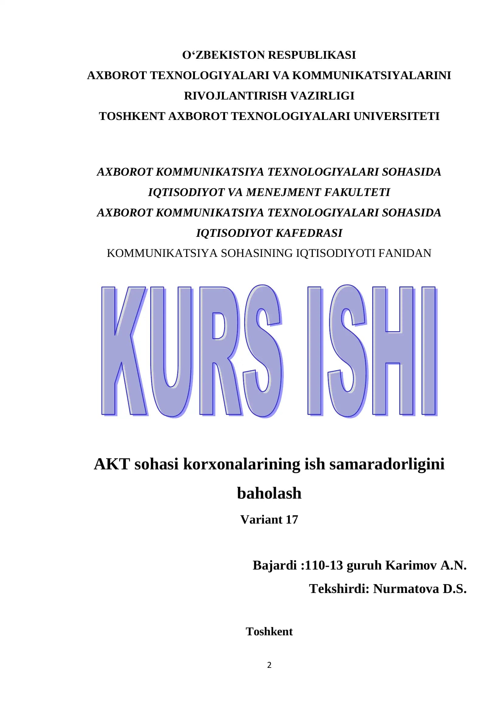 O‘ZBEKISTON RESPUBLIKASI AXBOROT TEXNOLOGIYALARI VA KOMMUNIKATSIYALARINI RIVOJLANTIRISH VAZIRLIGI