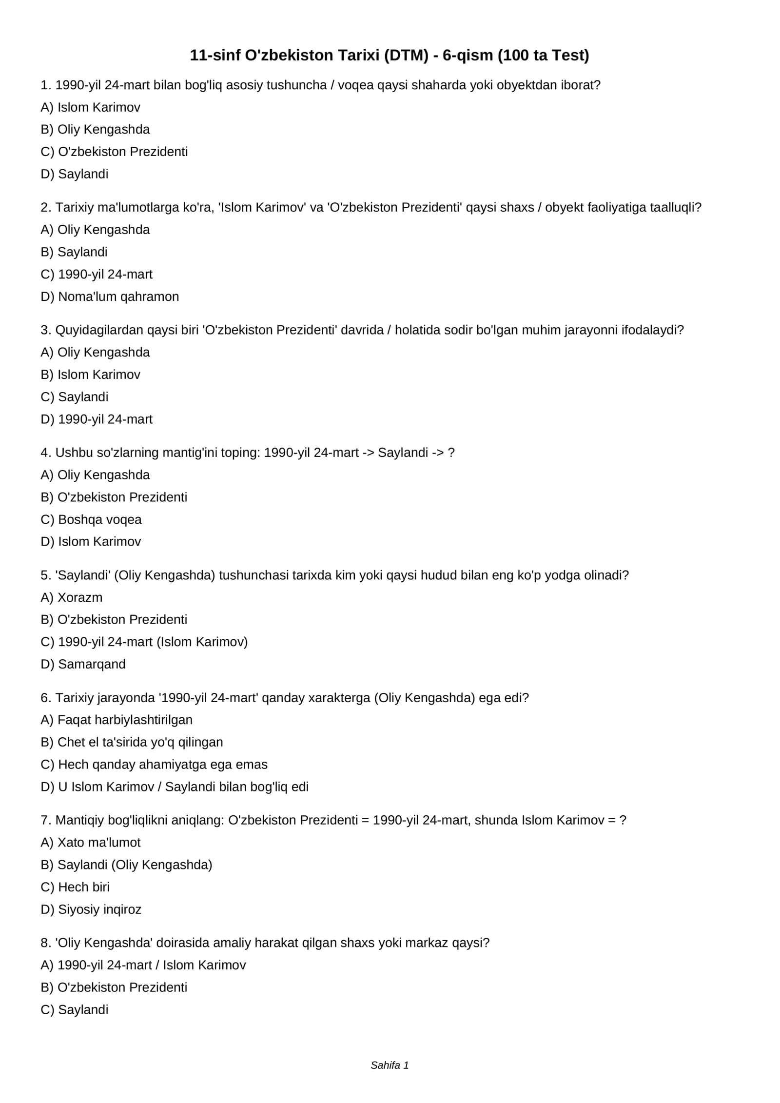 11-sinf O'zbekiston Tarixi (DTM) - 6-qism (100 ta Test)