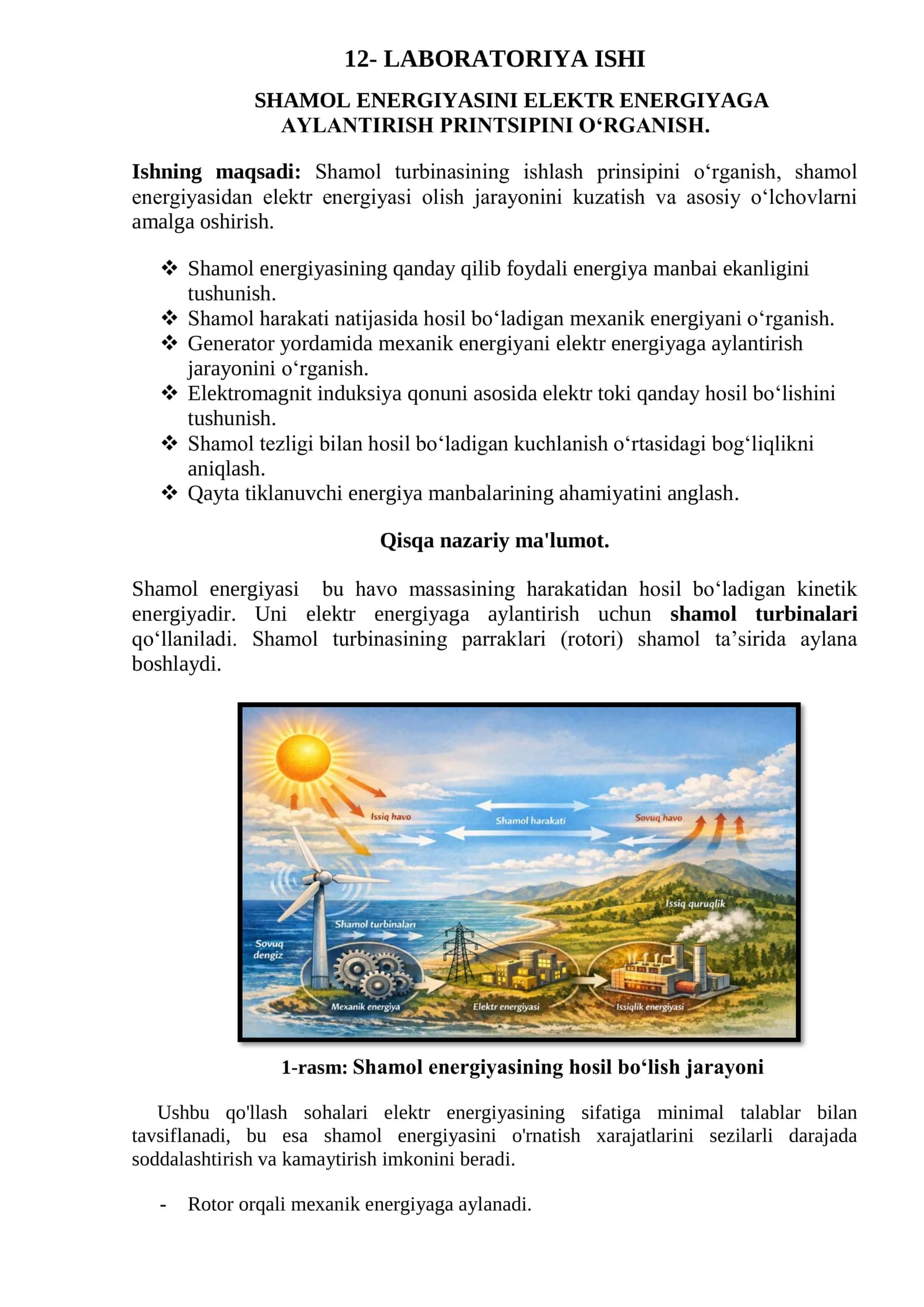 SHAMOL ENERGIYASINI ELEKTR ENERGIYAGA AYLANTIRISH PRINTSIPINI O‘RGANISH