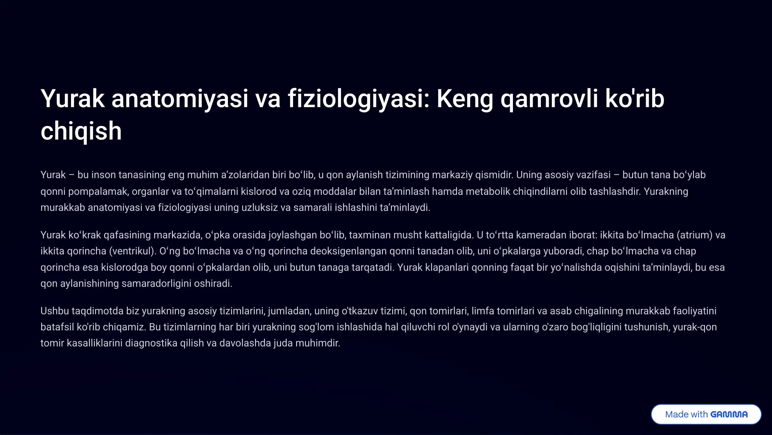 Yurak anatomiyasi va fiziologiyasi: Keng qamrovli ko'rib chiqish