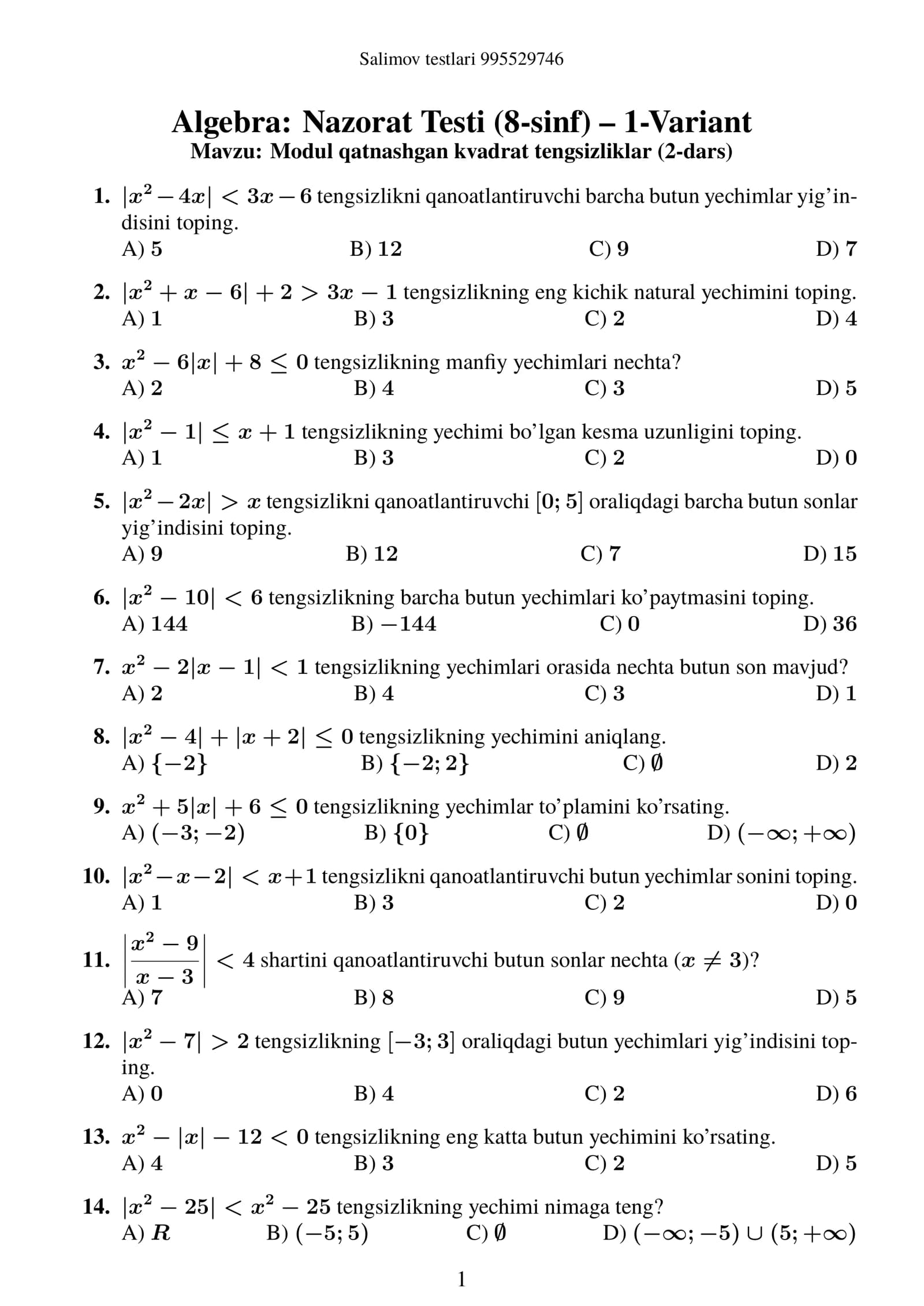 Algebra: Nazorat Testi (8-sinf) – 1-Variant