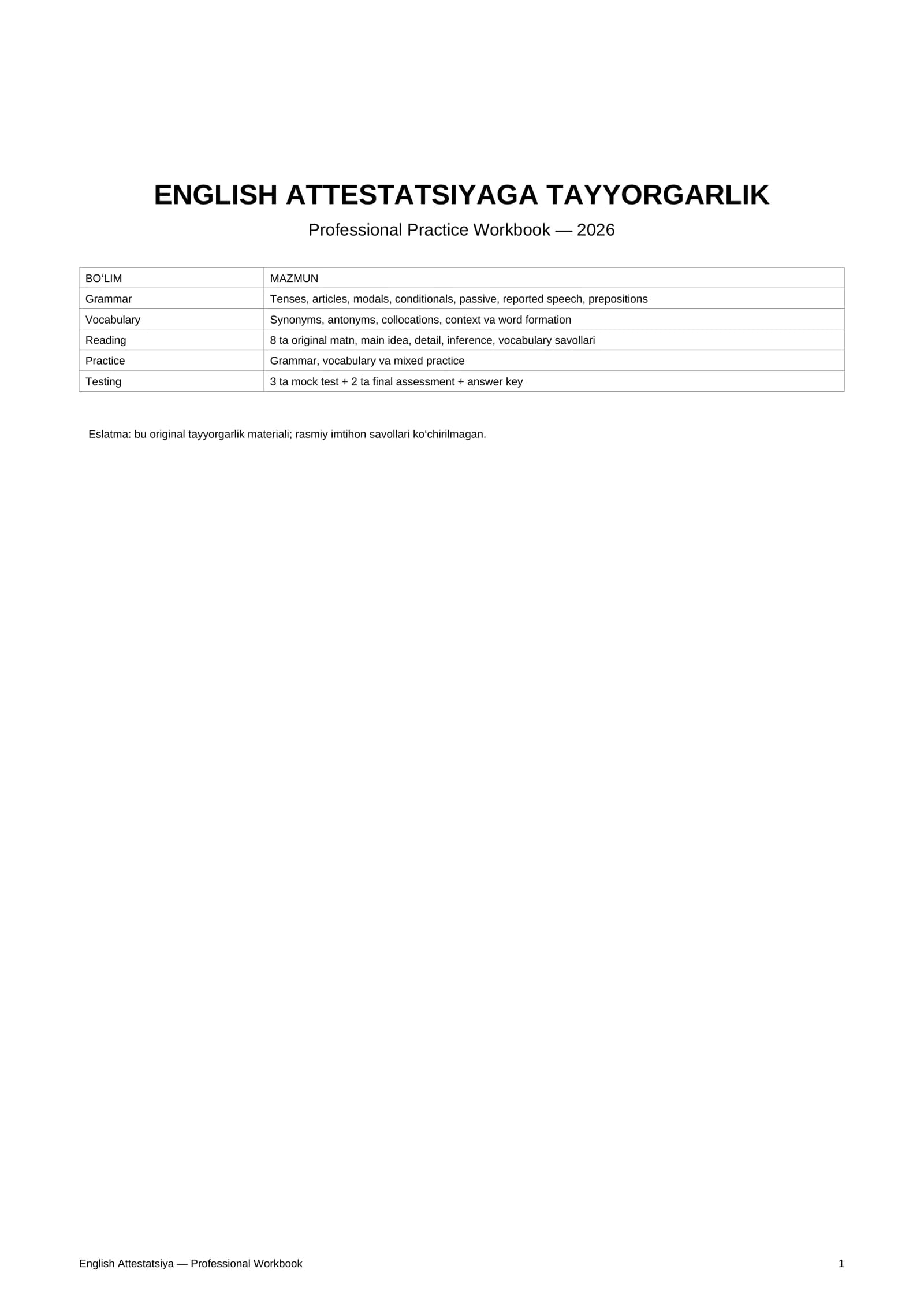 ENGLISH ATTESTATSIYAGA TAYYORGARLIK Professional Workbook