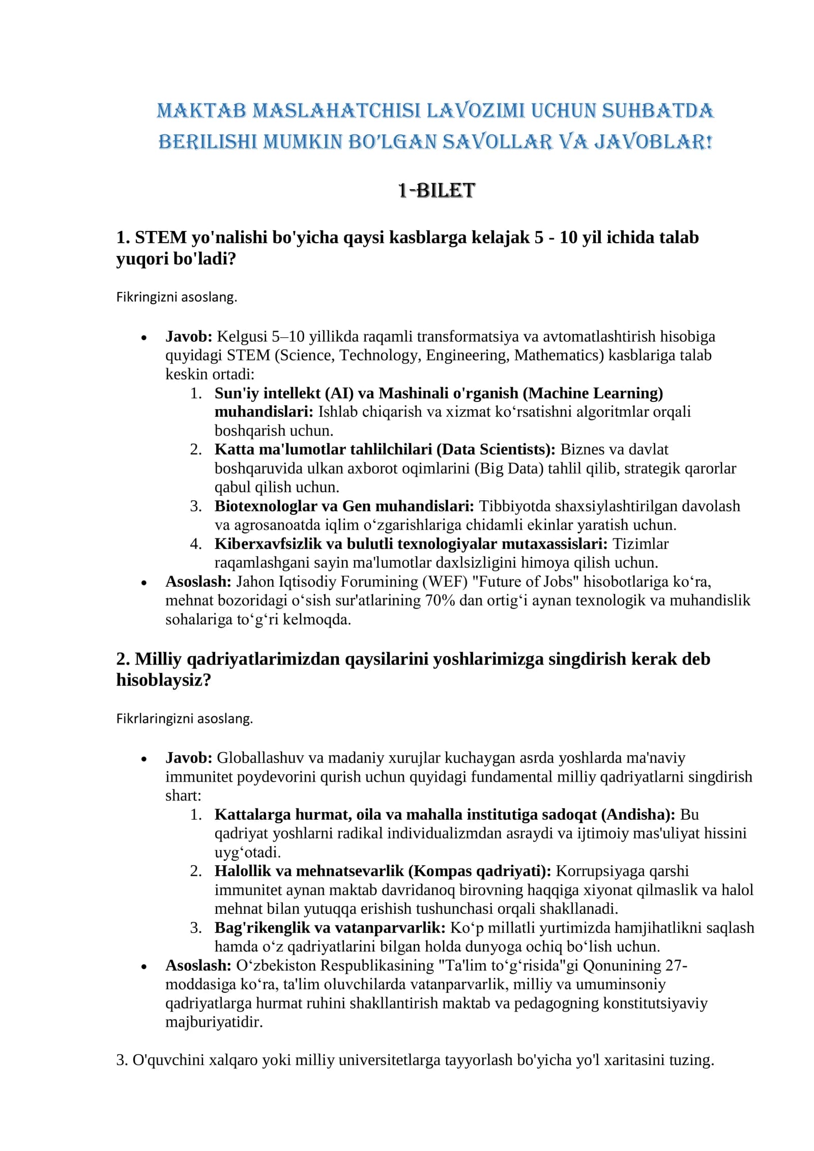 Maktab maslahatchisi lavozimi uchun suhbatda  berilishi mumkin bo’lgan savollar va javoblar!