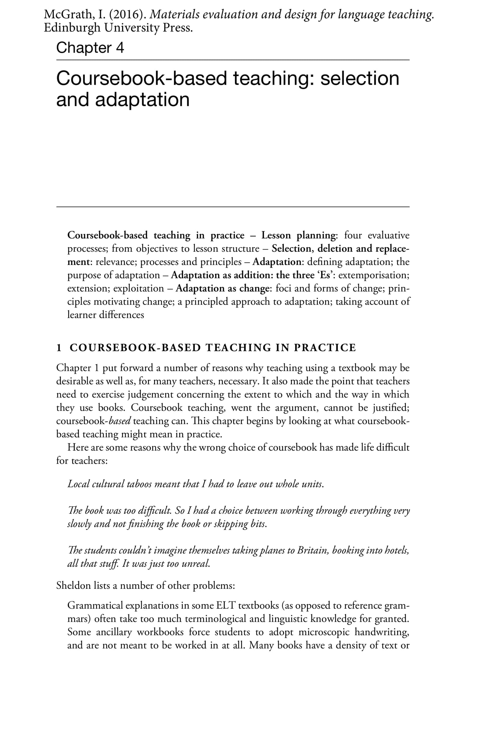 Coursebook-Based Teaching: Selection and Adaptation