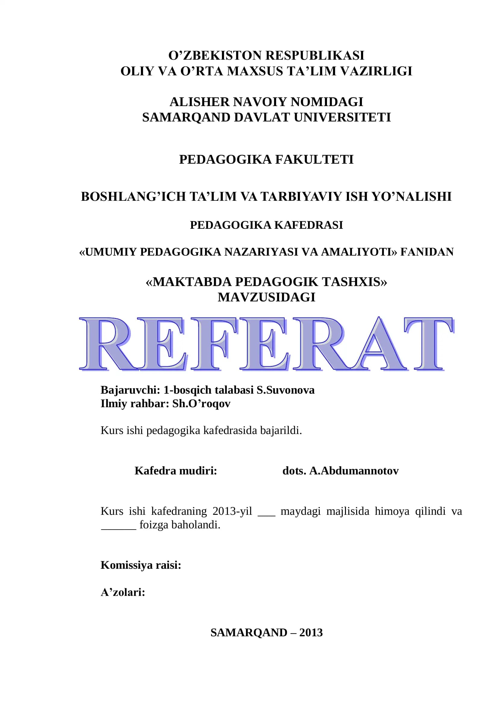 MAKTABDA PEDAGOGIK TASHXIS