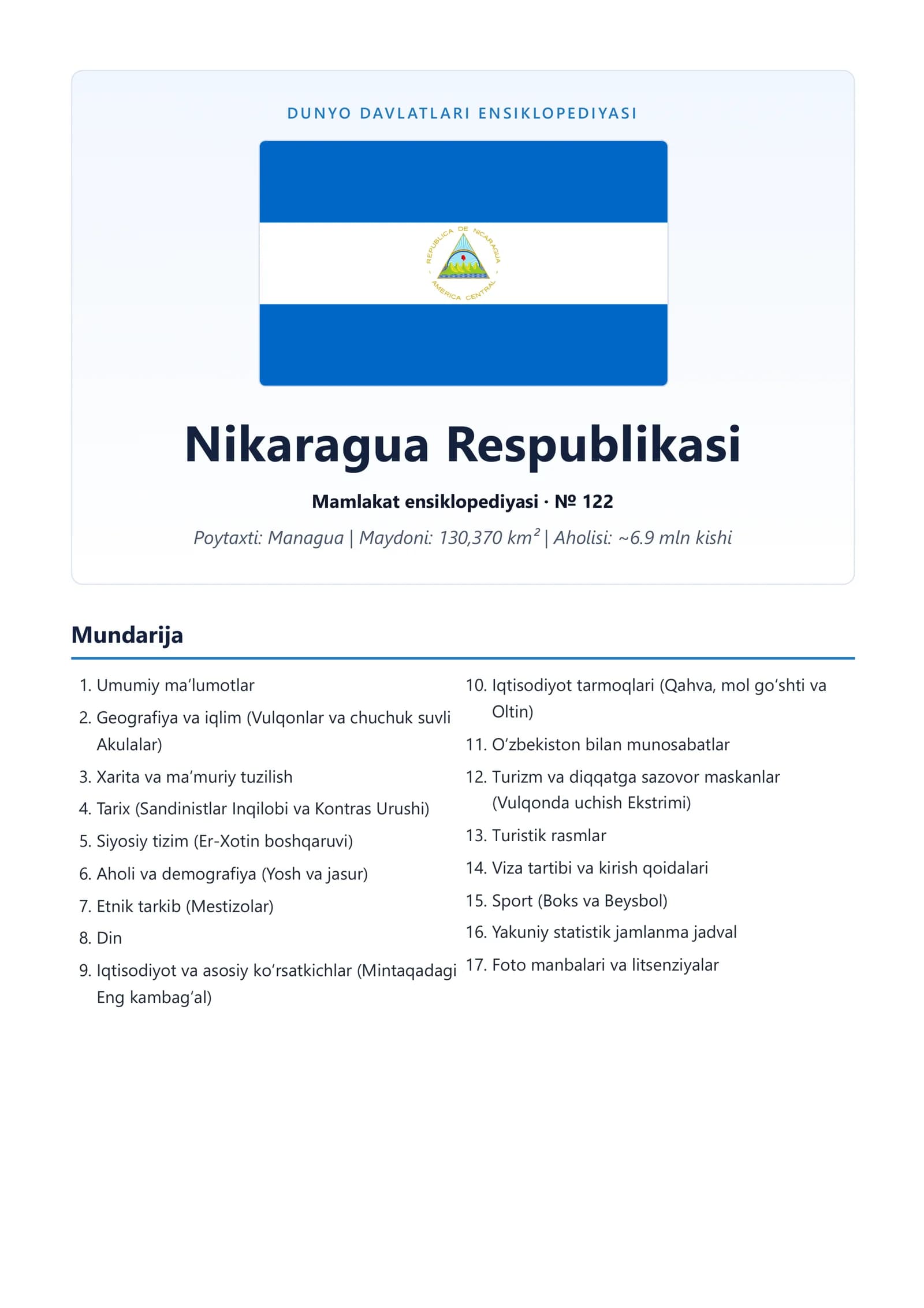 DUNYO DAVLATLARI ENSIKLOPEDIYASI Nikaragua Respublikasi