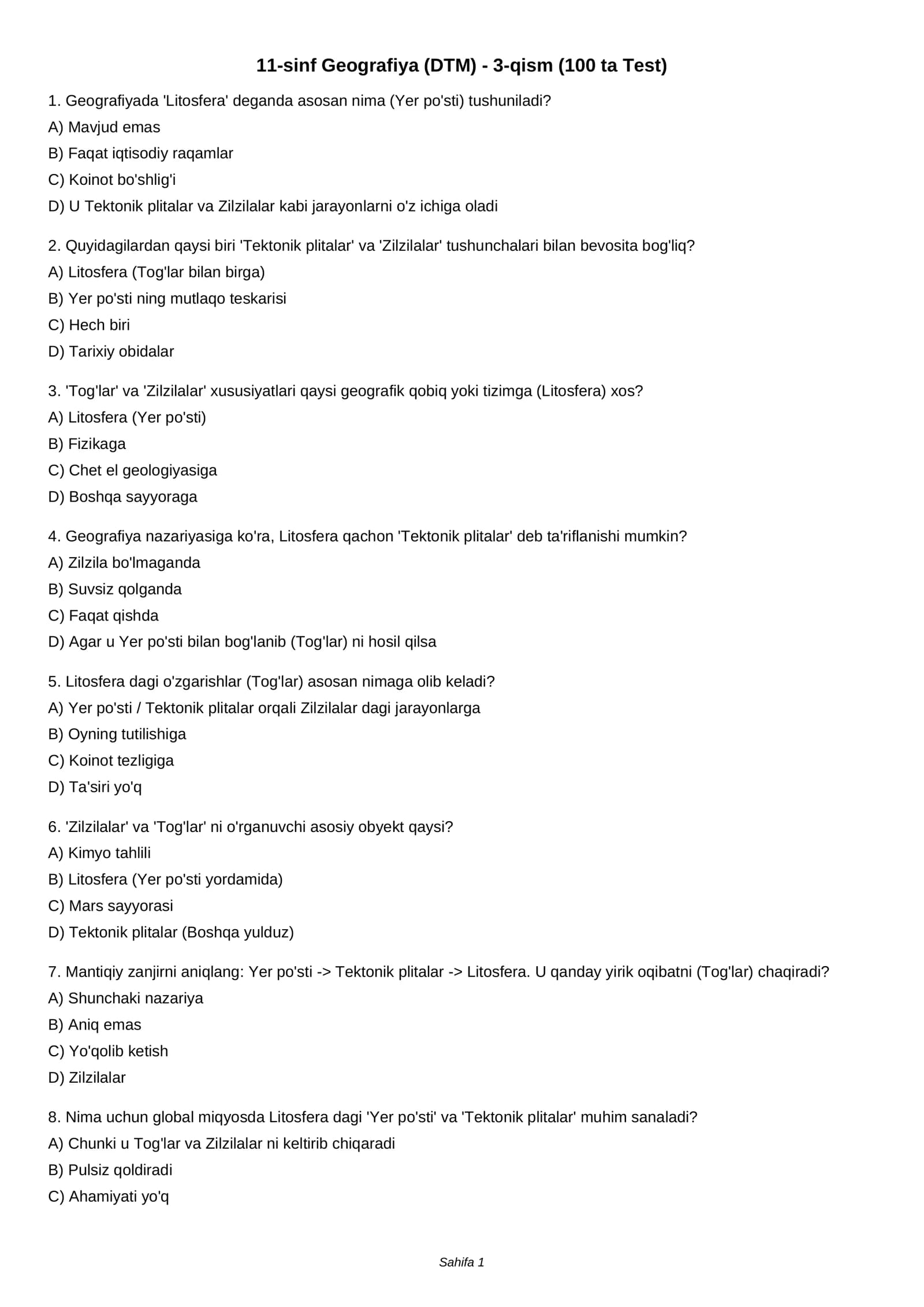 11-sinf Geografiya (DTM) - 3-qism (100 ta Test)