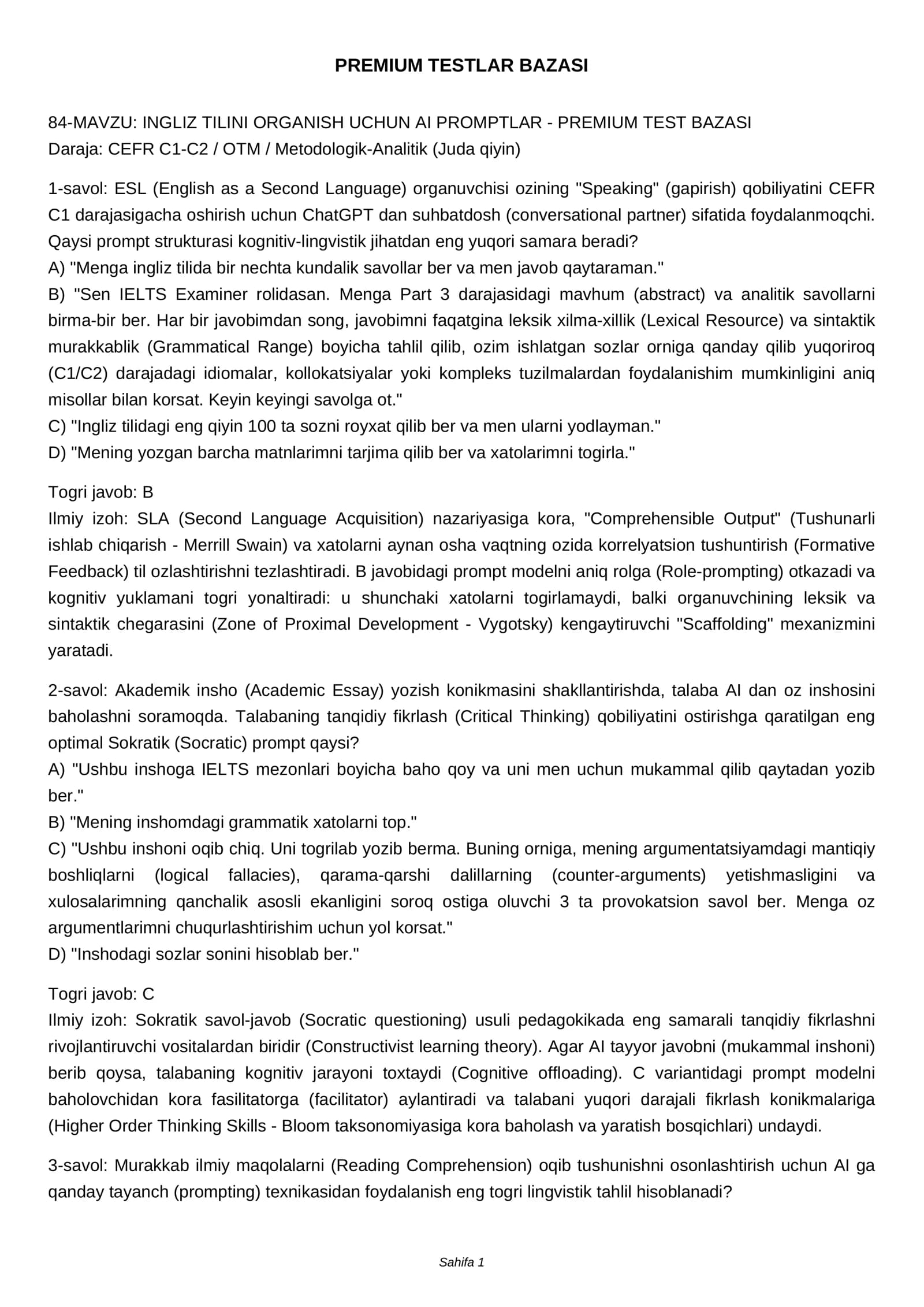 INGLIZ TILINI ORGANISH UCHUN AI PROMPTLAR - PREMIUM TEST BAZASI