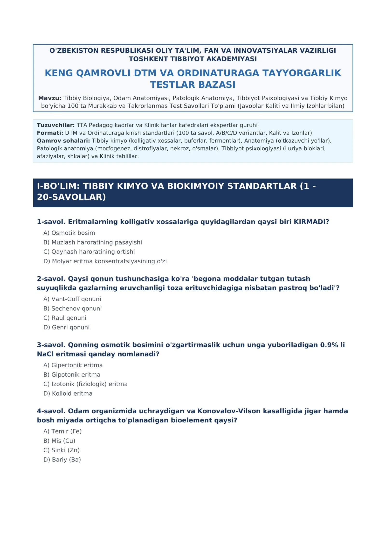 Tibbiy Biologiya, Odam Anatomiyasi, Patologik Anatomiya, Tibbiyot Psixologiyasi va Tibbiy Kimyo