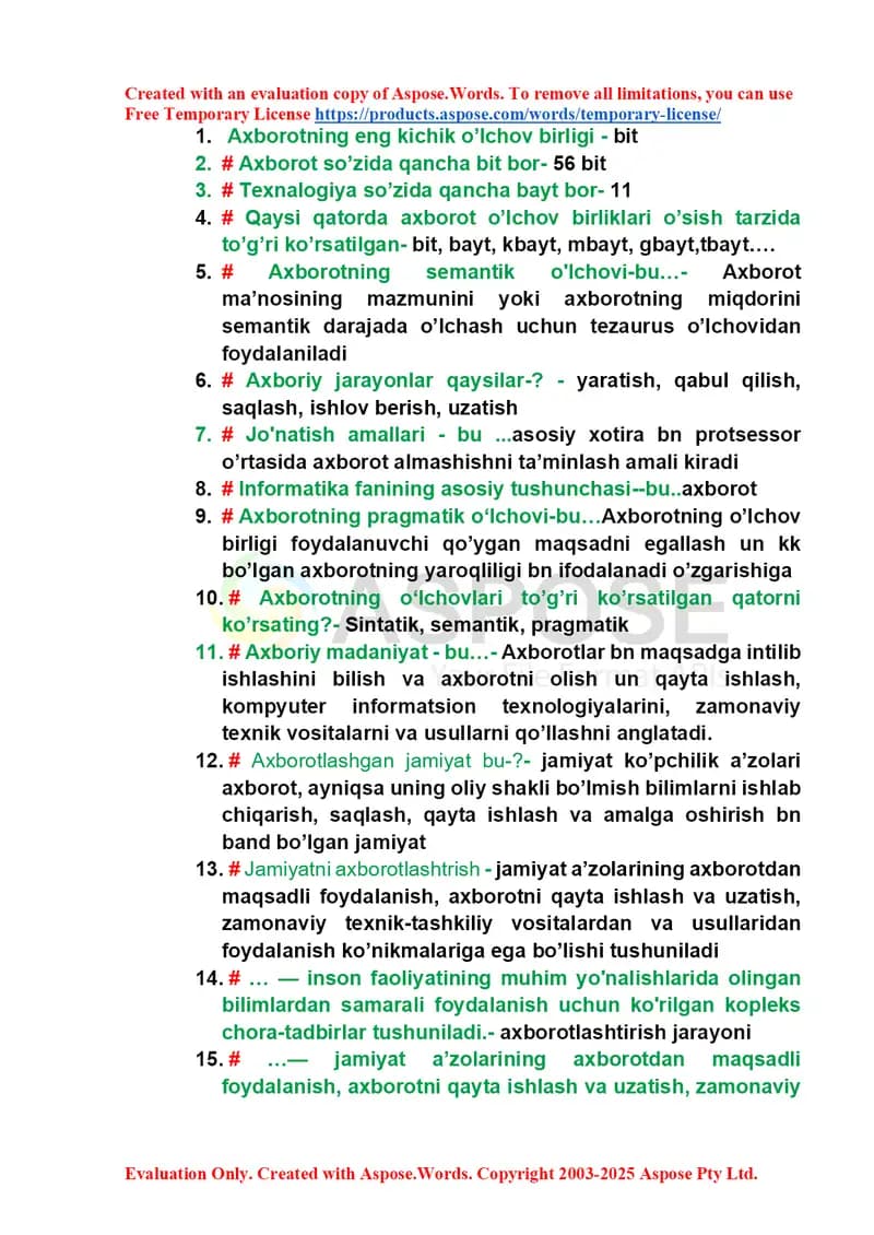 Informatika faniga oid savol-javoblar to‘plami