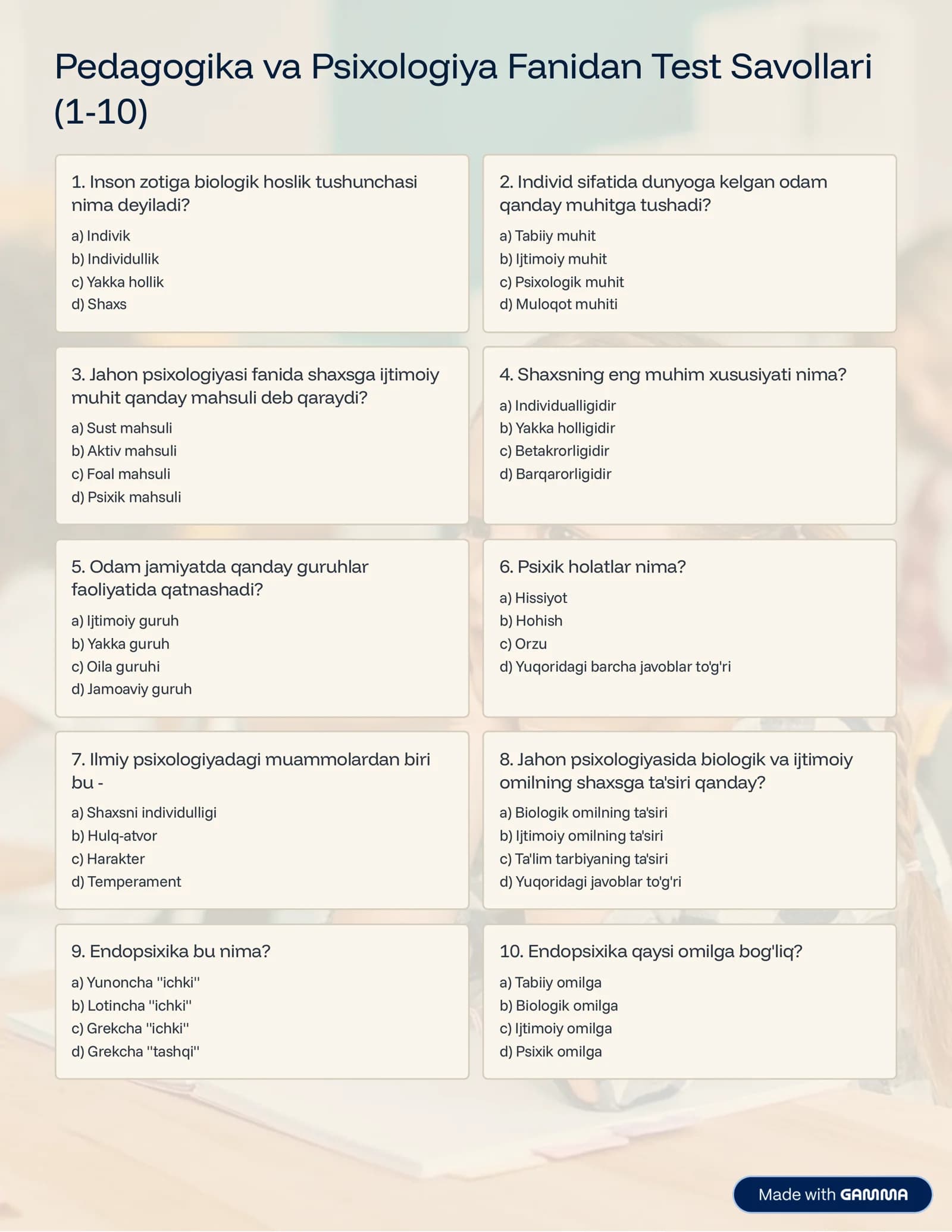 Pedagogika va Psixologiya Fanidan Test Savollari