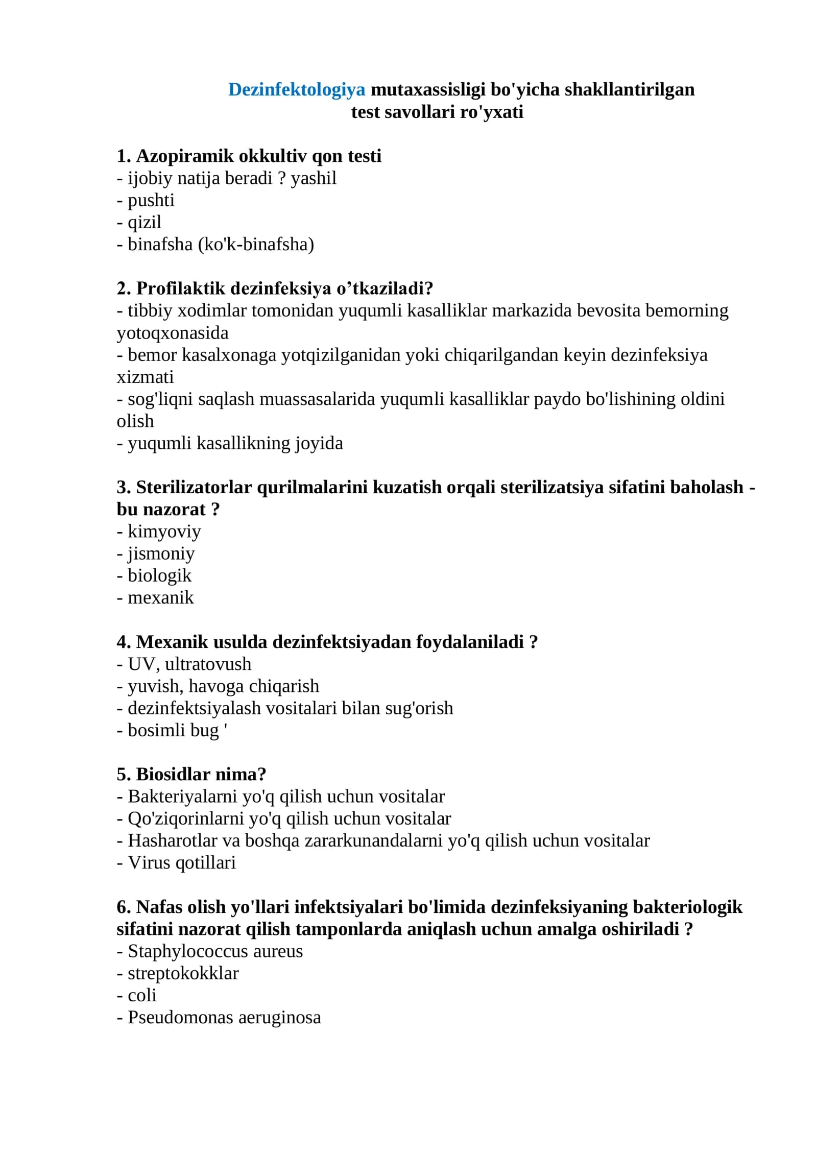 Dezinfektologiya mutaxassisligi bo'yicha shakllantirilgan test savollari ro'yxati 2026