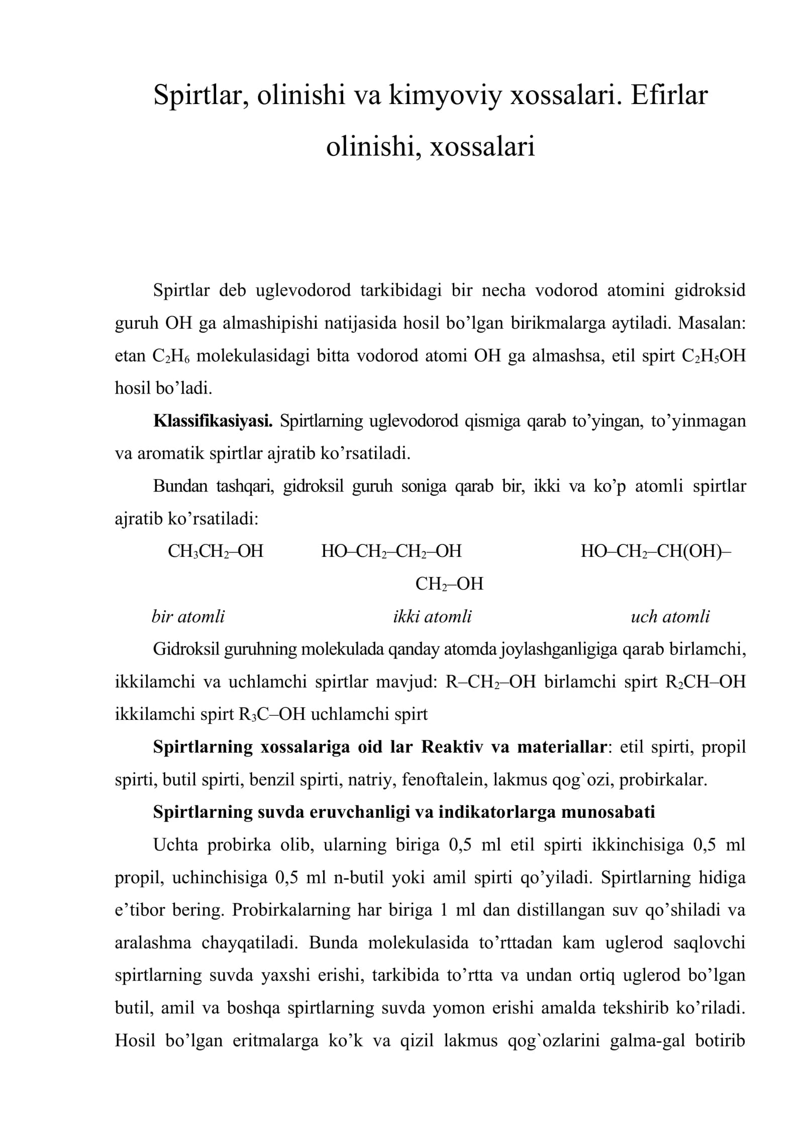 Spirtlar, olinishi va kimyoviy xossalari. Efirlar olinishi, xossalari