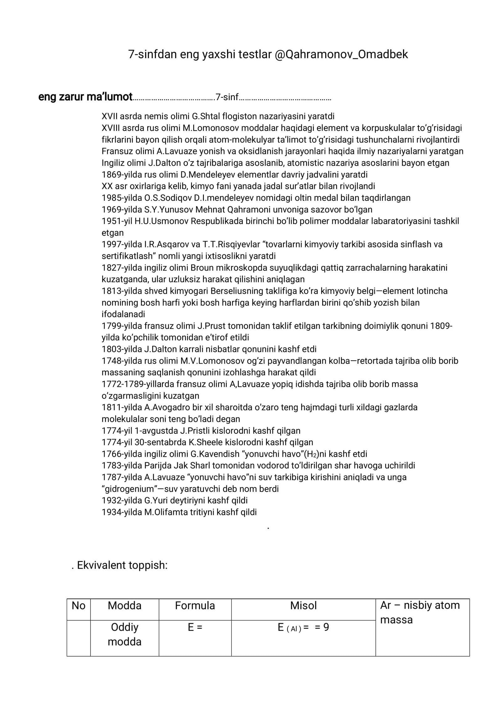 7 sinf kimyo eng zo'r savollari
