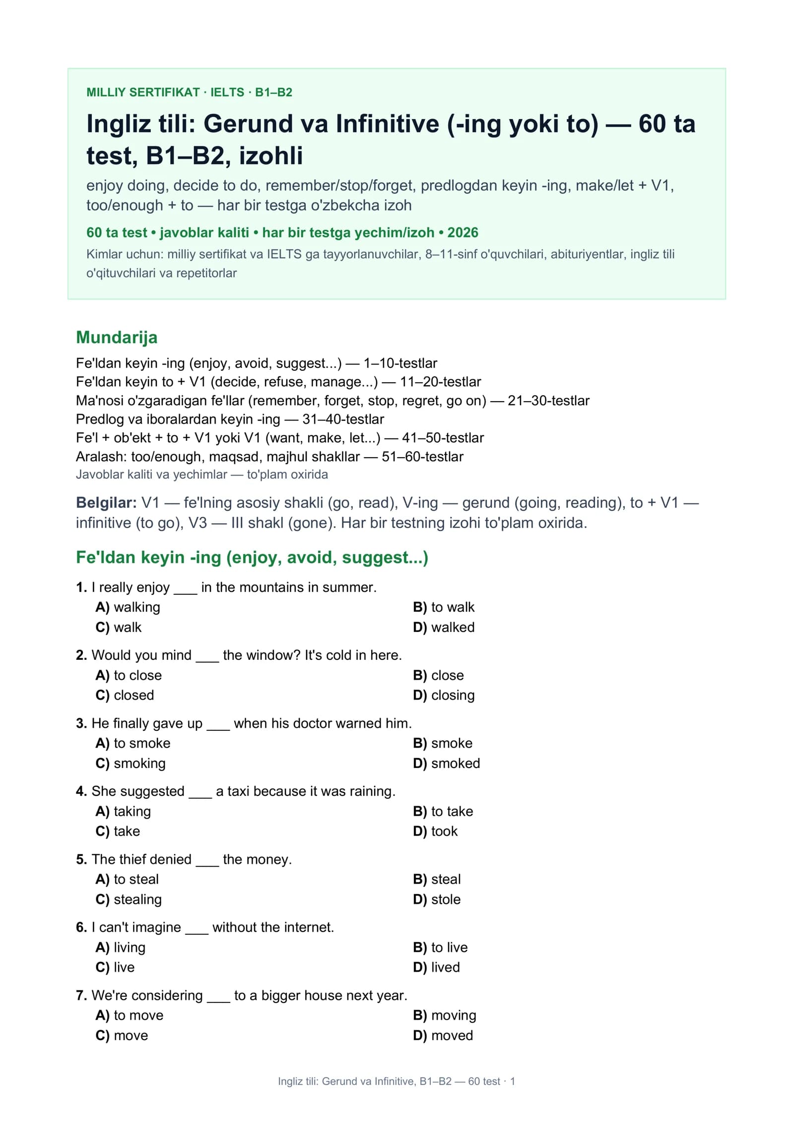Ingliz tili: Gerund va Infinitive, B1–B2