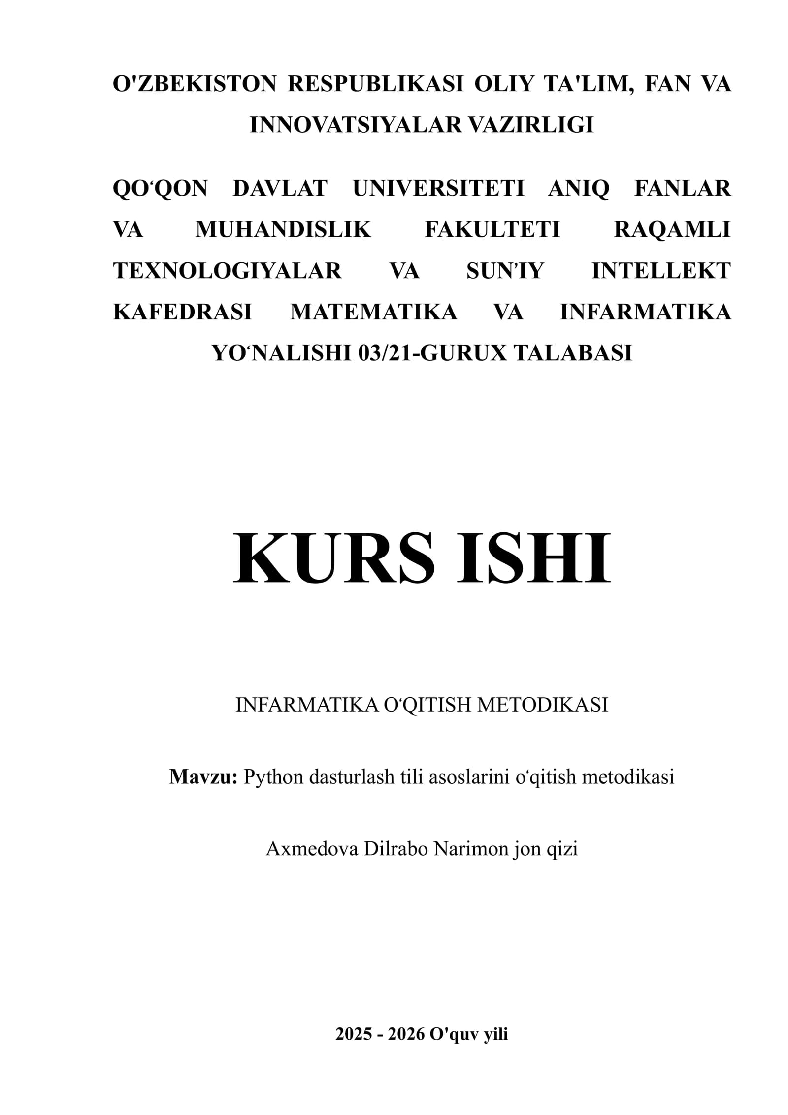 Python dasturlash tili asoslarini oʻqitish metodikasi