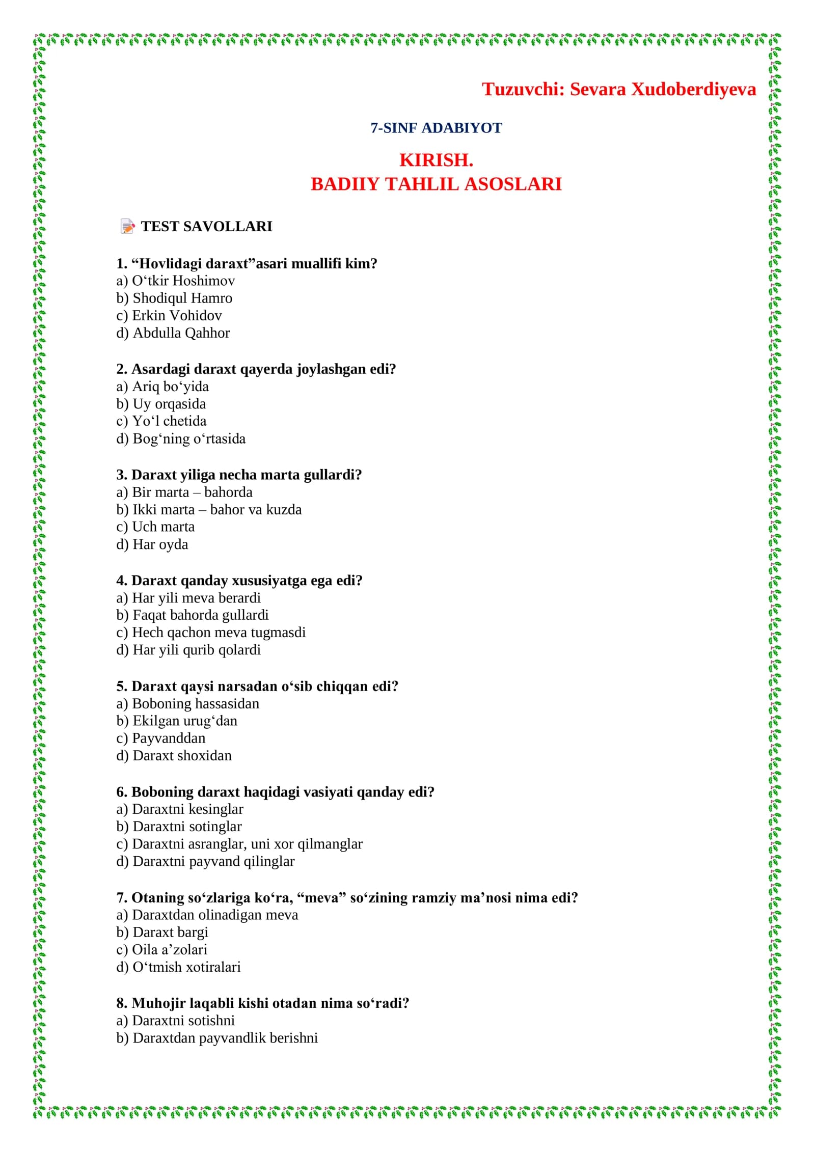 7-SINF ADABIYOT KIRISH. BADIY TAHLIL ASOSLARI TEST SAVOLLARI