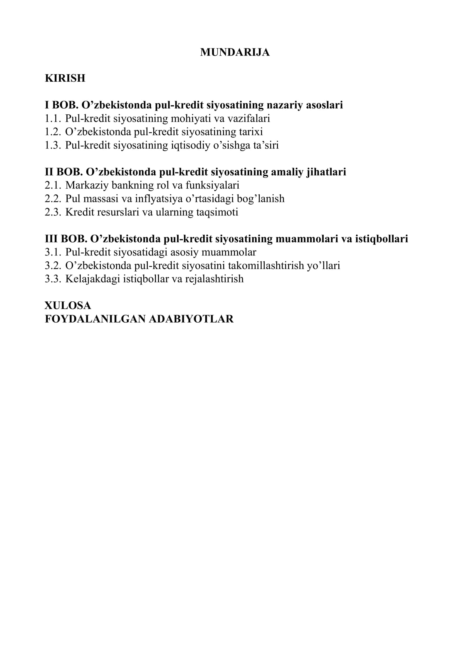 O’zbekistonda pul-kredit siyosati