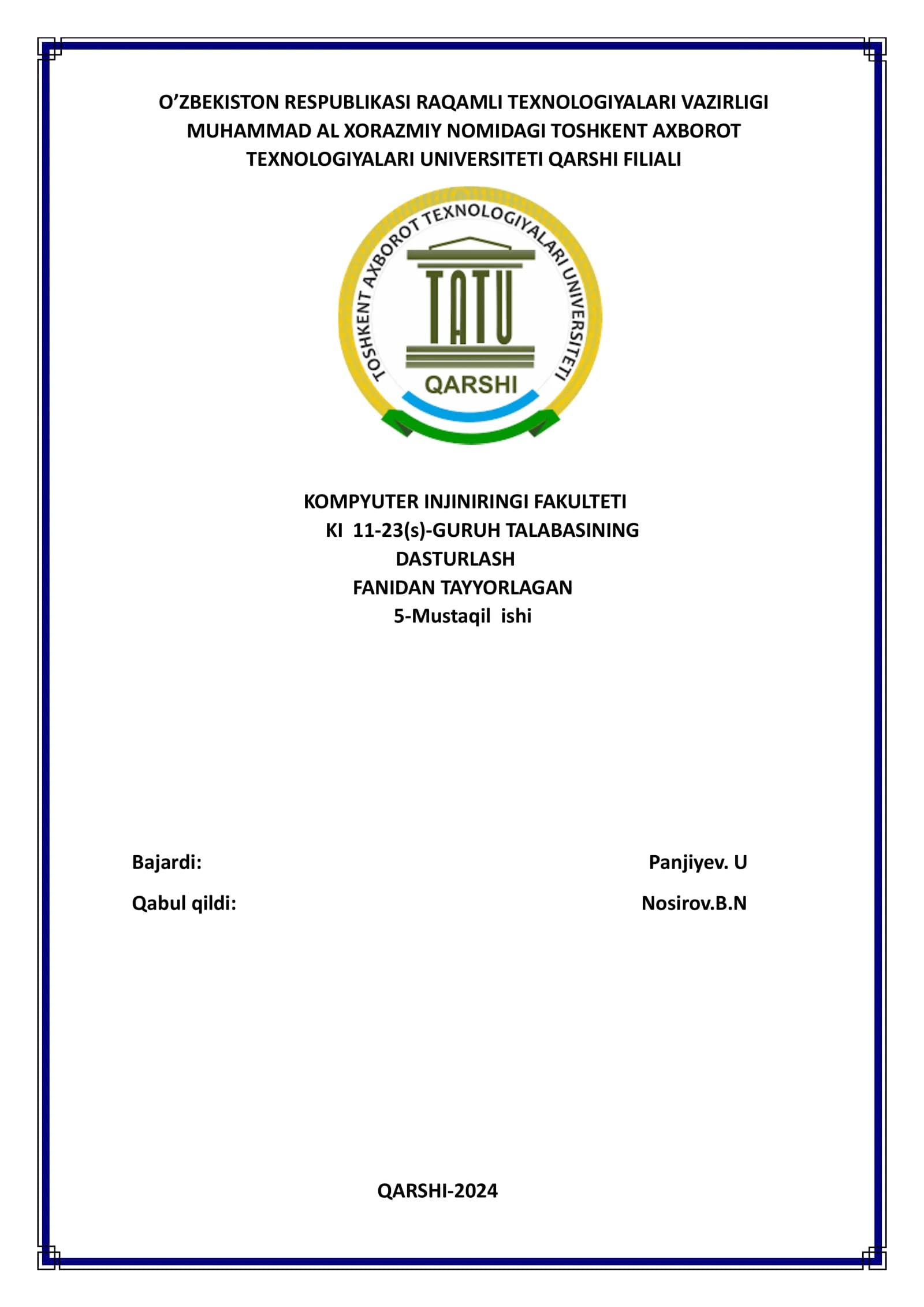 Dasturlash fanidan Mustaqil ishi