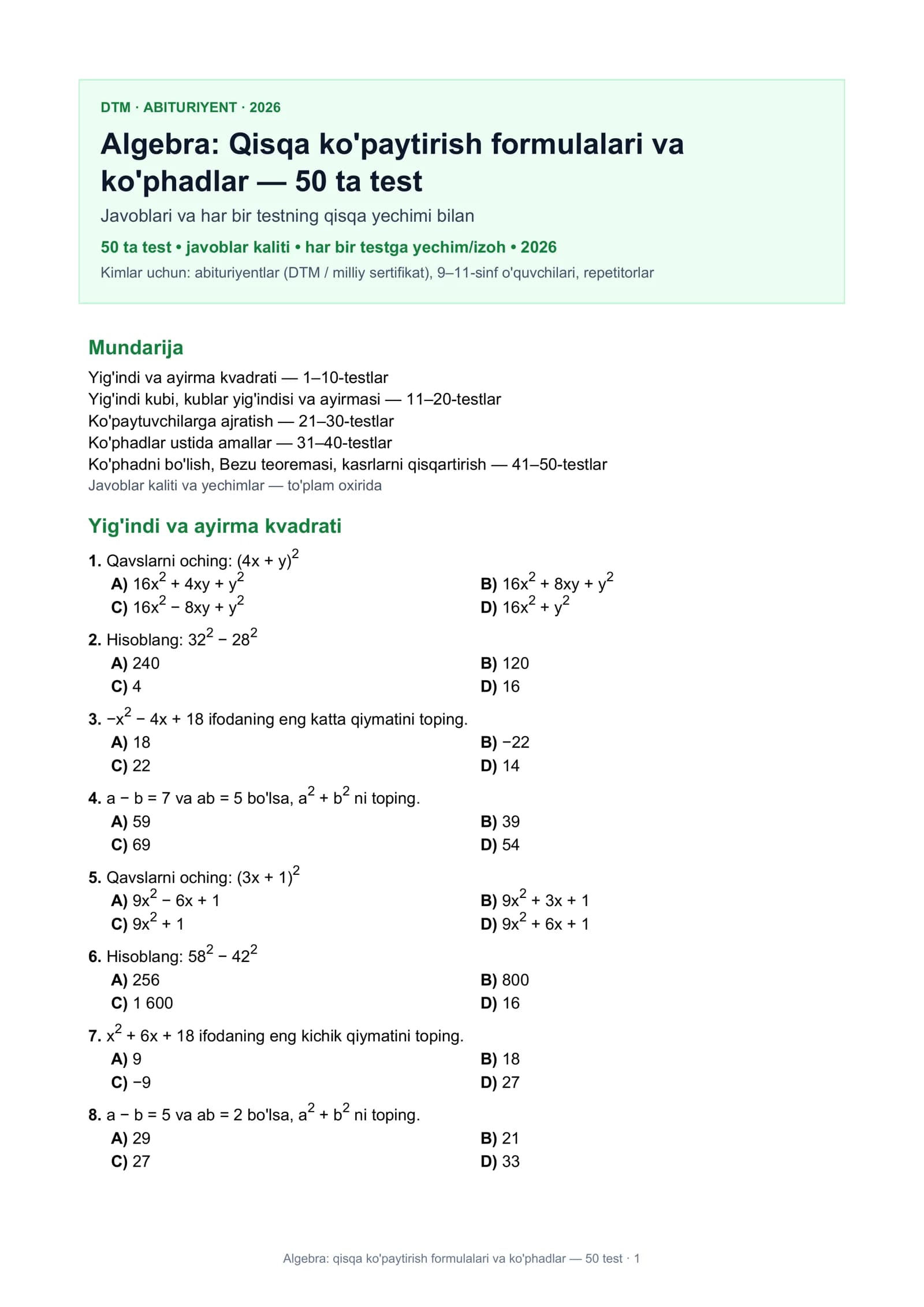 Algebra: Qisqa ko'paytirish formulalari va ko'phadlar