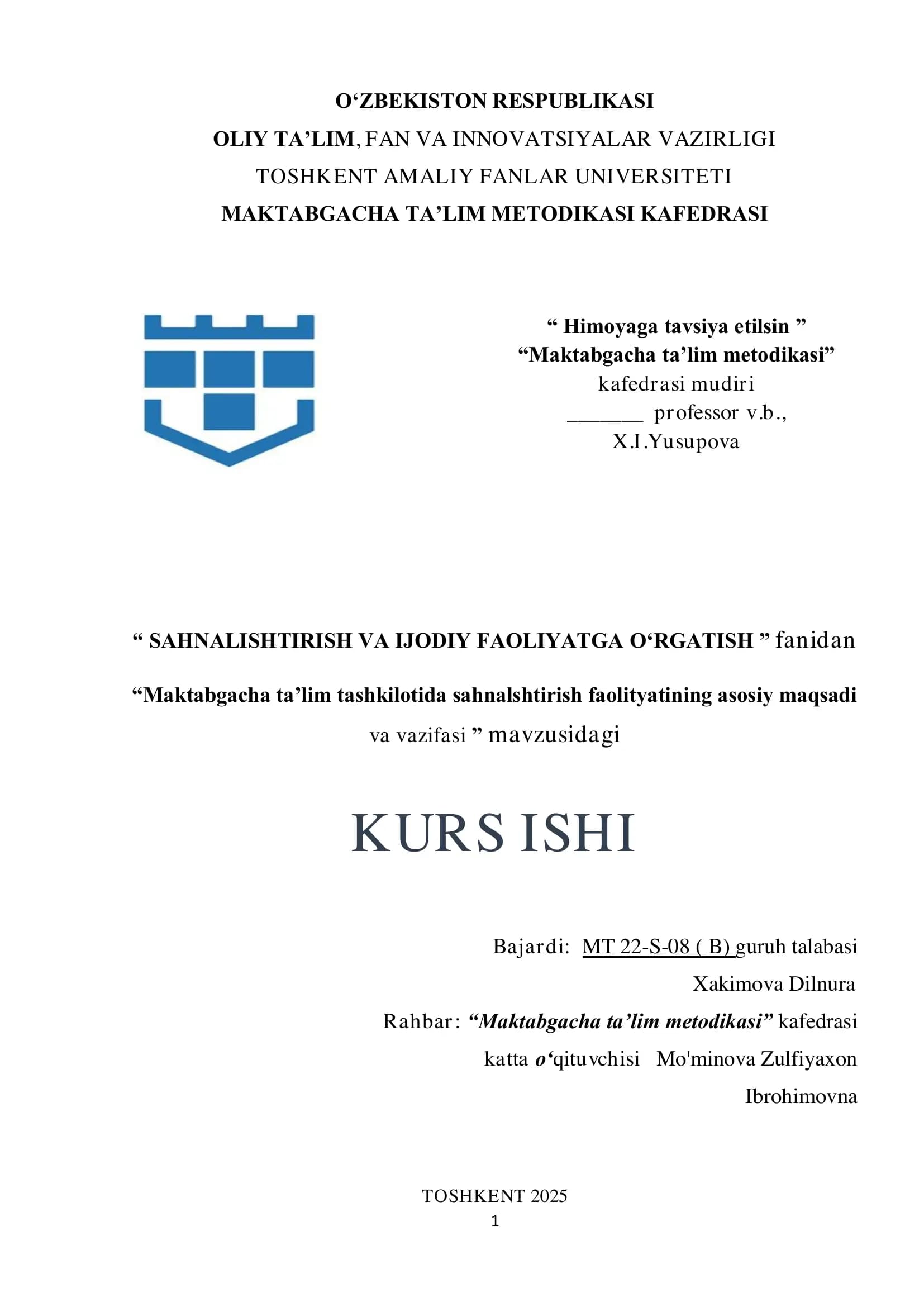 Maktabgacha ta’lim tashkilotida sahnalshtirish faolityatining asosiy maqsadi  va vazifasi