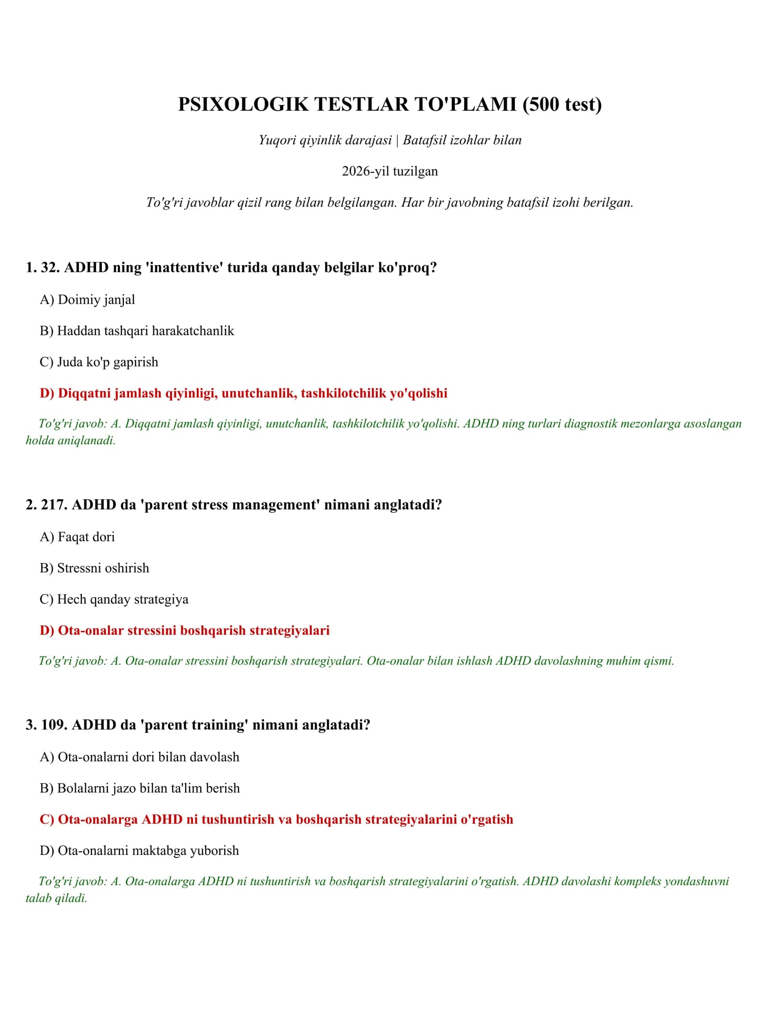PSIXOLOGIK TESTLAR TO'PLAMI (500 test)