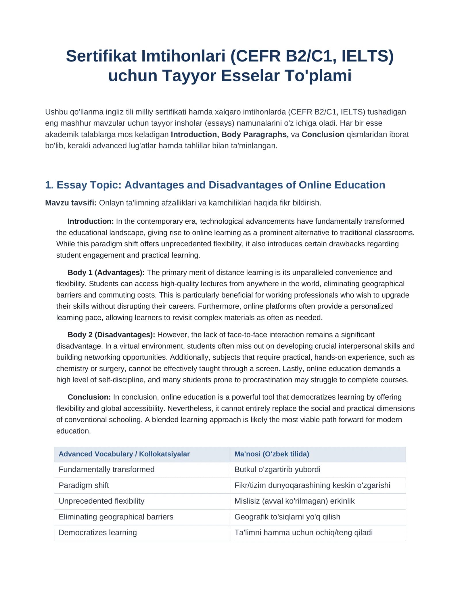 Tayyor esselar to'plami (Sertifikat Imtihonlari (CEFR B2/C1, IELTS) uchun)
