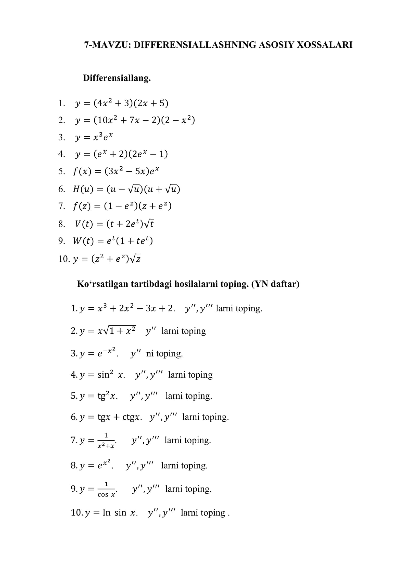 DIFFERENSIALLASHNING ASOSIY XOSSALARI