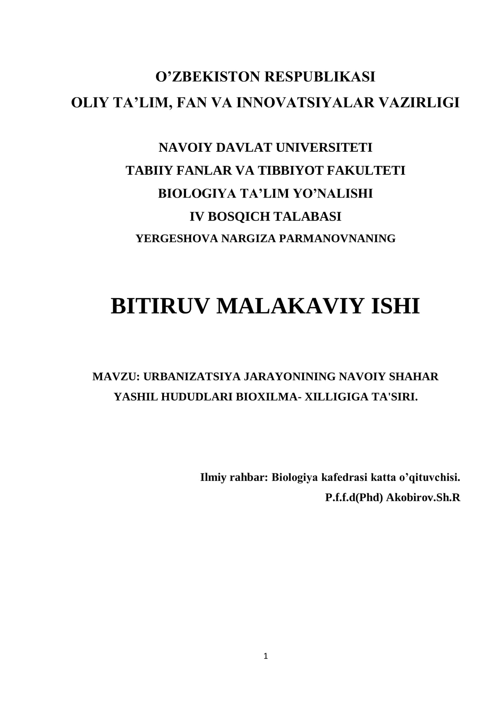 URBANIZATSIYA JARAYONINING NAVOIY SHAHAR YASHIL HUDUDLARI BIOXILMA- XILLIGIGA TA'SIRI